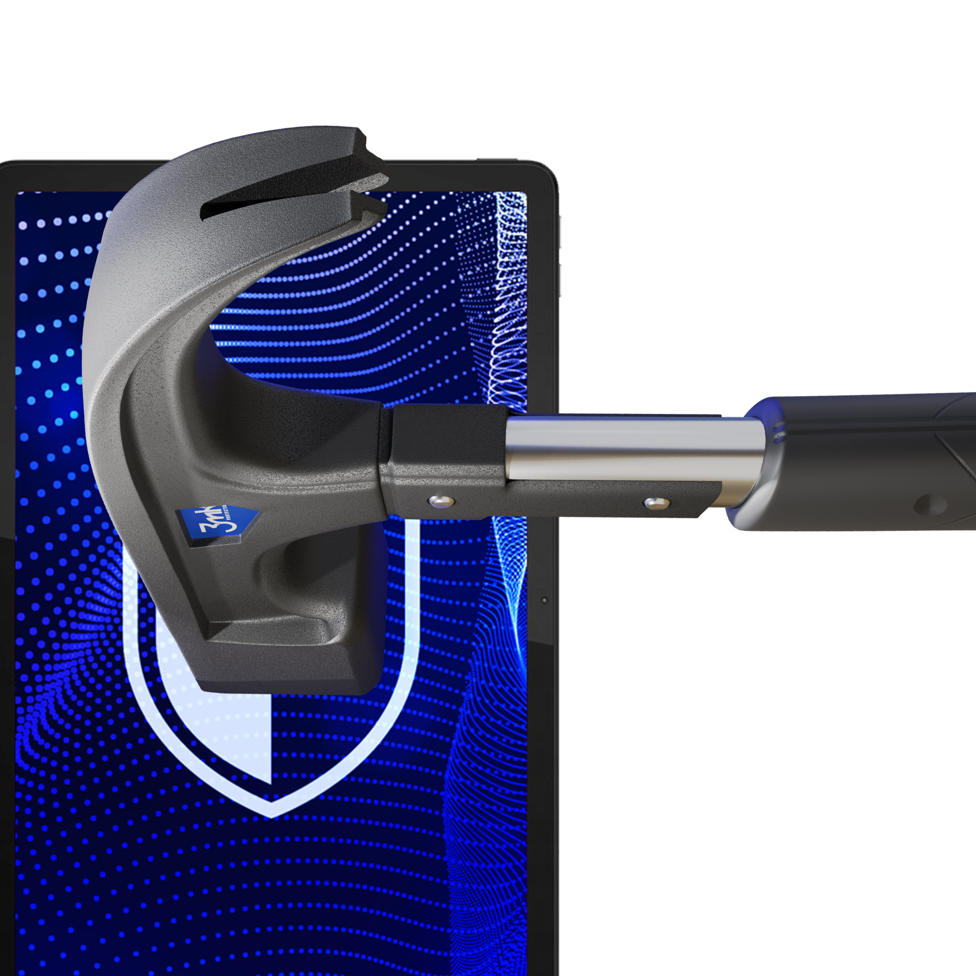 Młotek uderzający w ekran tabletu. Ekran wyświetla wzór tarczy. Niebieskie kropki w tle.