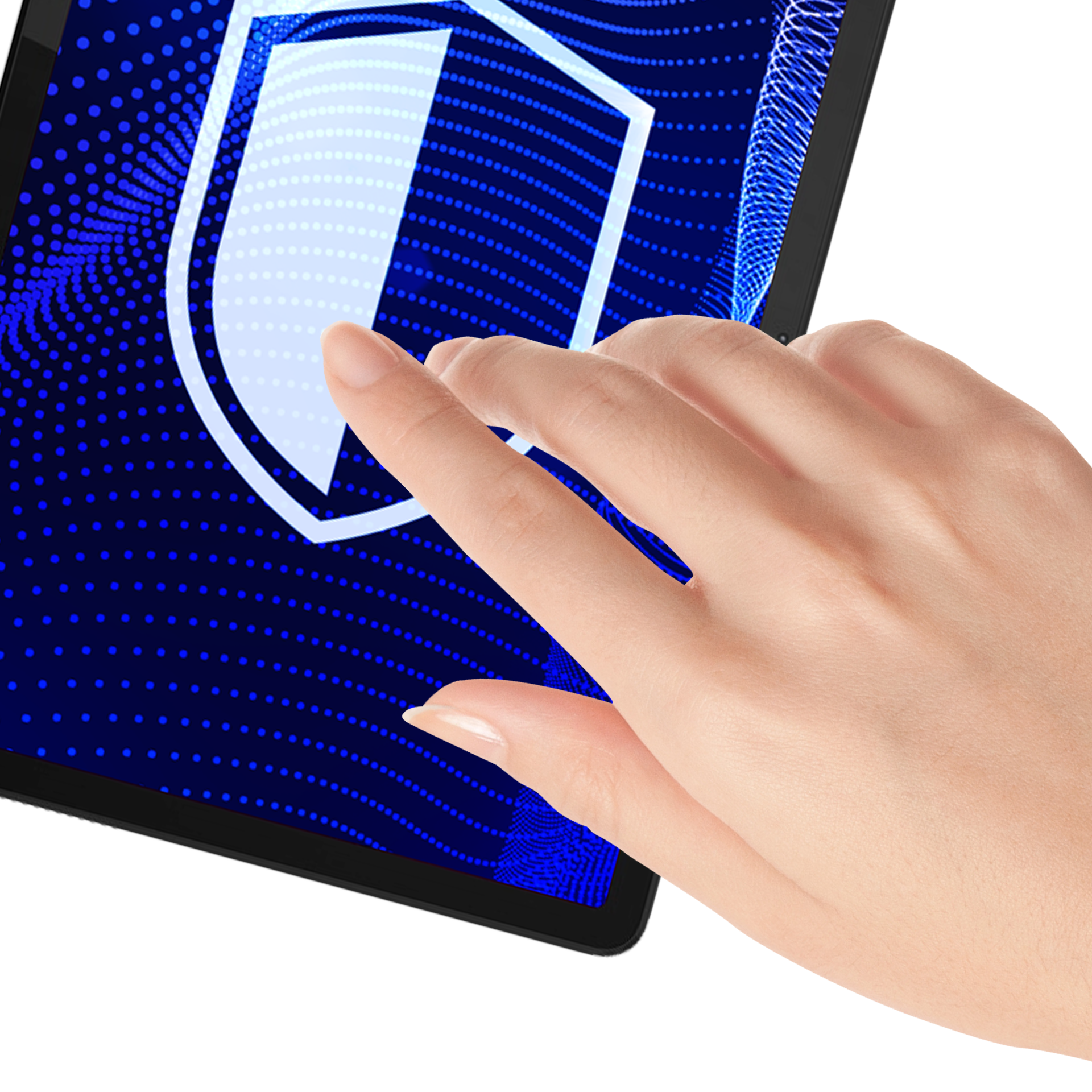 Ekran tabletu z wzorem tarczy. Ręka dotyka ekranu. Niebieskie kropki w tle.