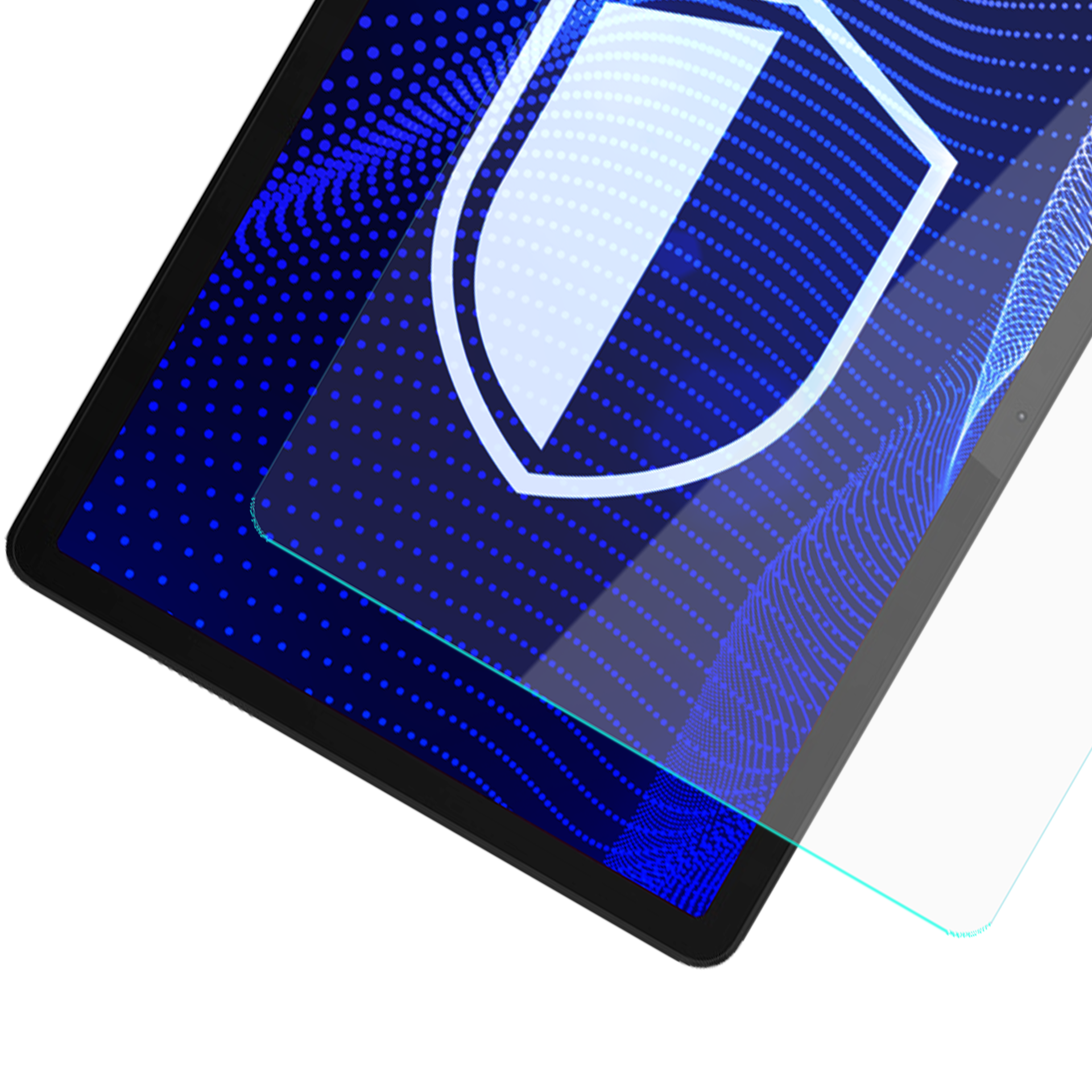 Ekran tabletu z wzorem tarczy. Ochraniacz ekranu oddziela się od tabletu. Niebieskie tło.