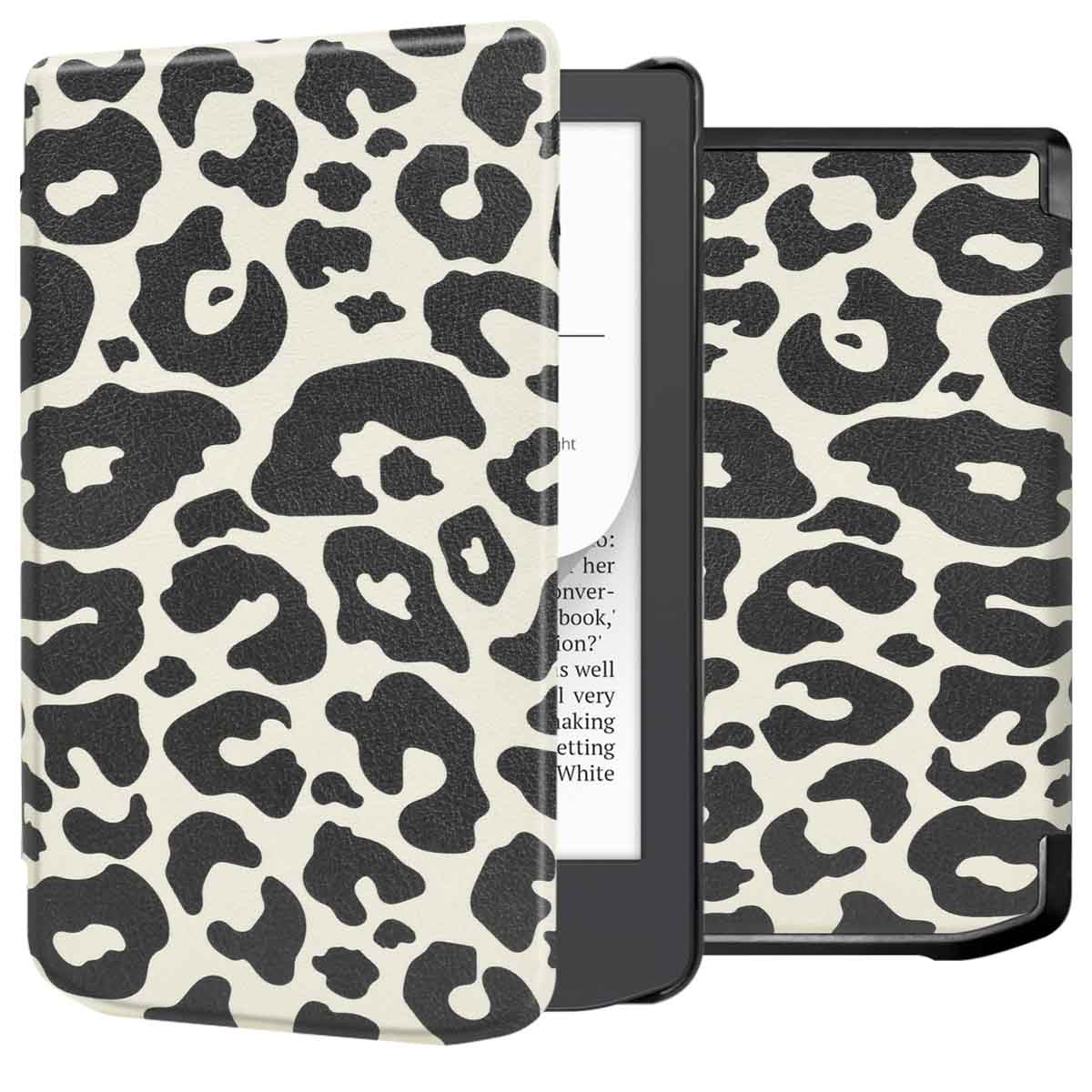 E-reader in een luipaardprint hoes, open om het scherm te laten zien, en een bijpassende gesloten hoes.