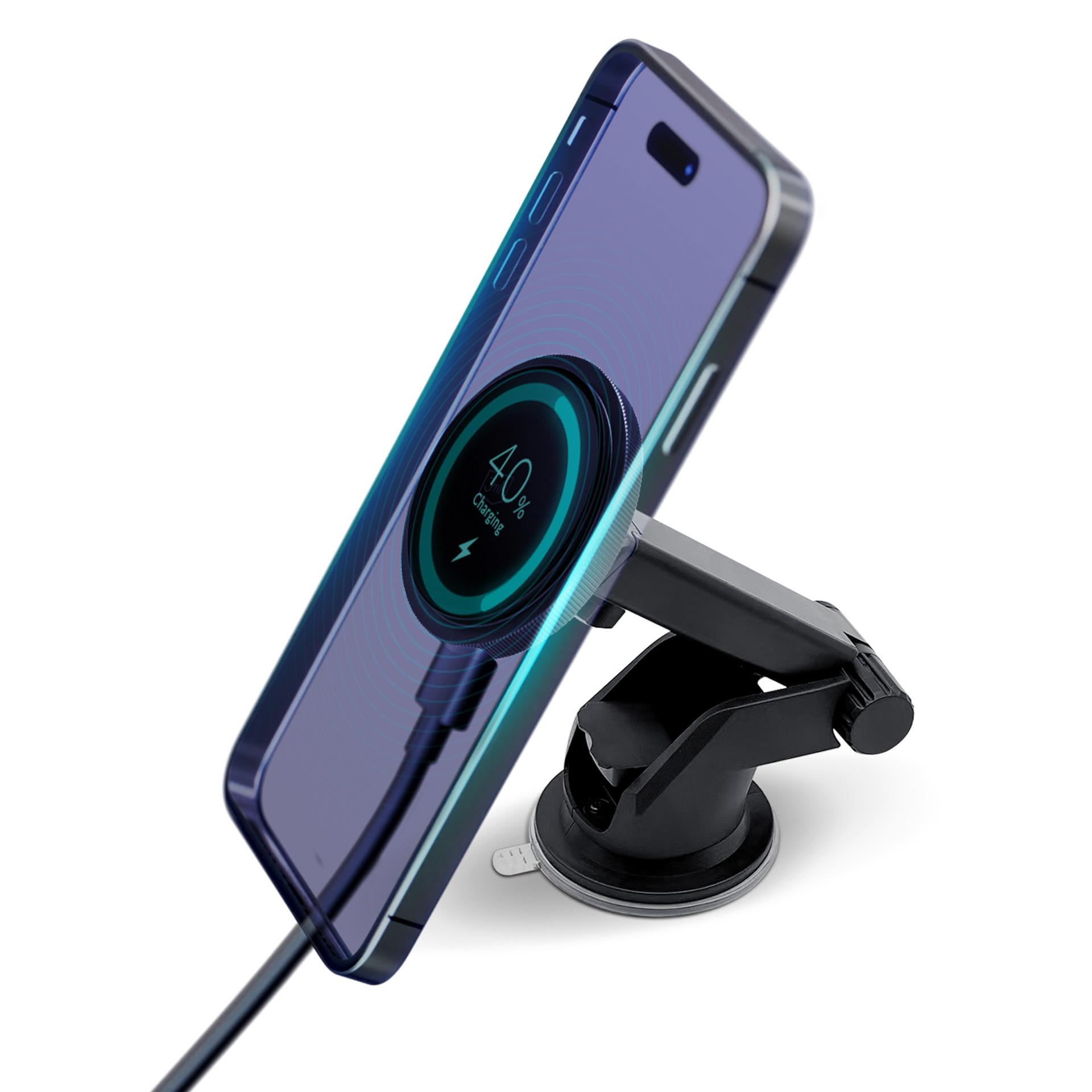 Telefon ładuje się na uchwycie samochodowym. Ekran pokazuje ładowanie 40%. Kabel jest widoczny.