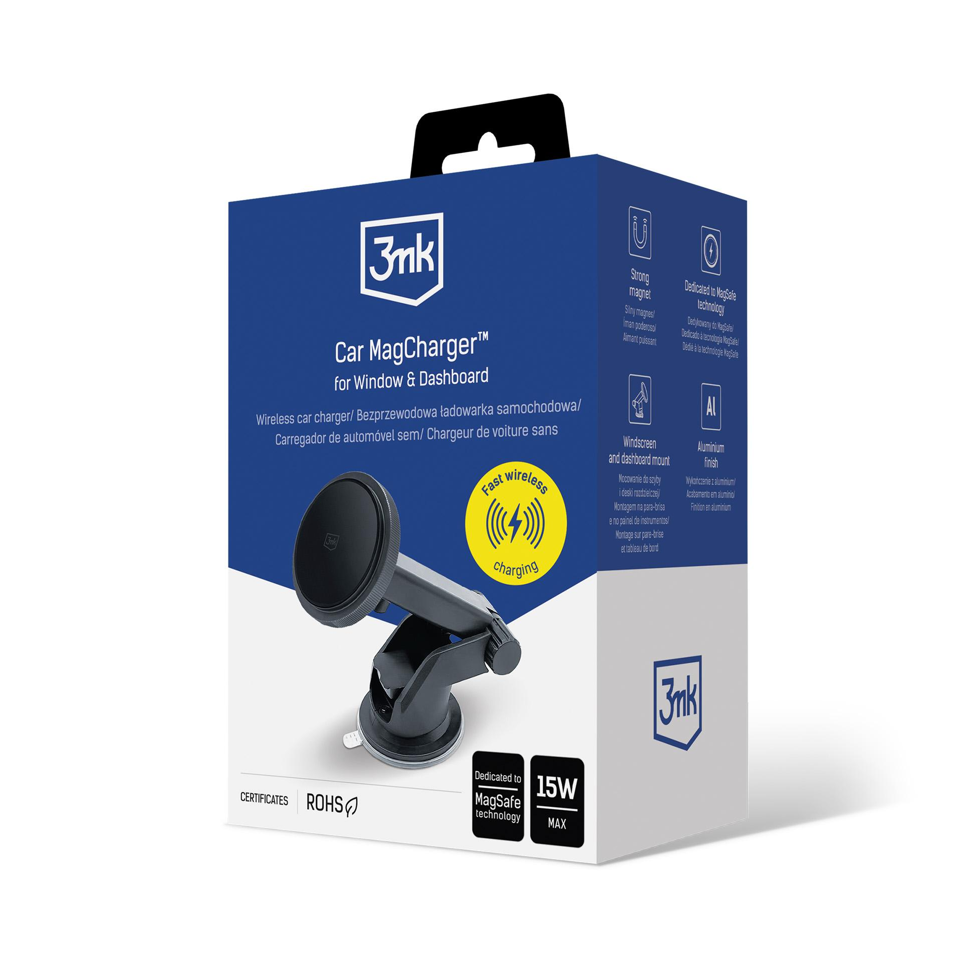Pudełko produktu do ładowarki magnetycznej do samochodu. Pudełko zawiera czarny uchwyt samochodowy i szczegóły ładowania bezprzewodowego.