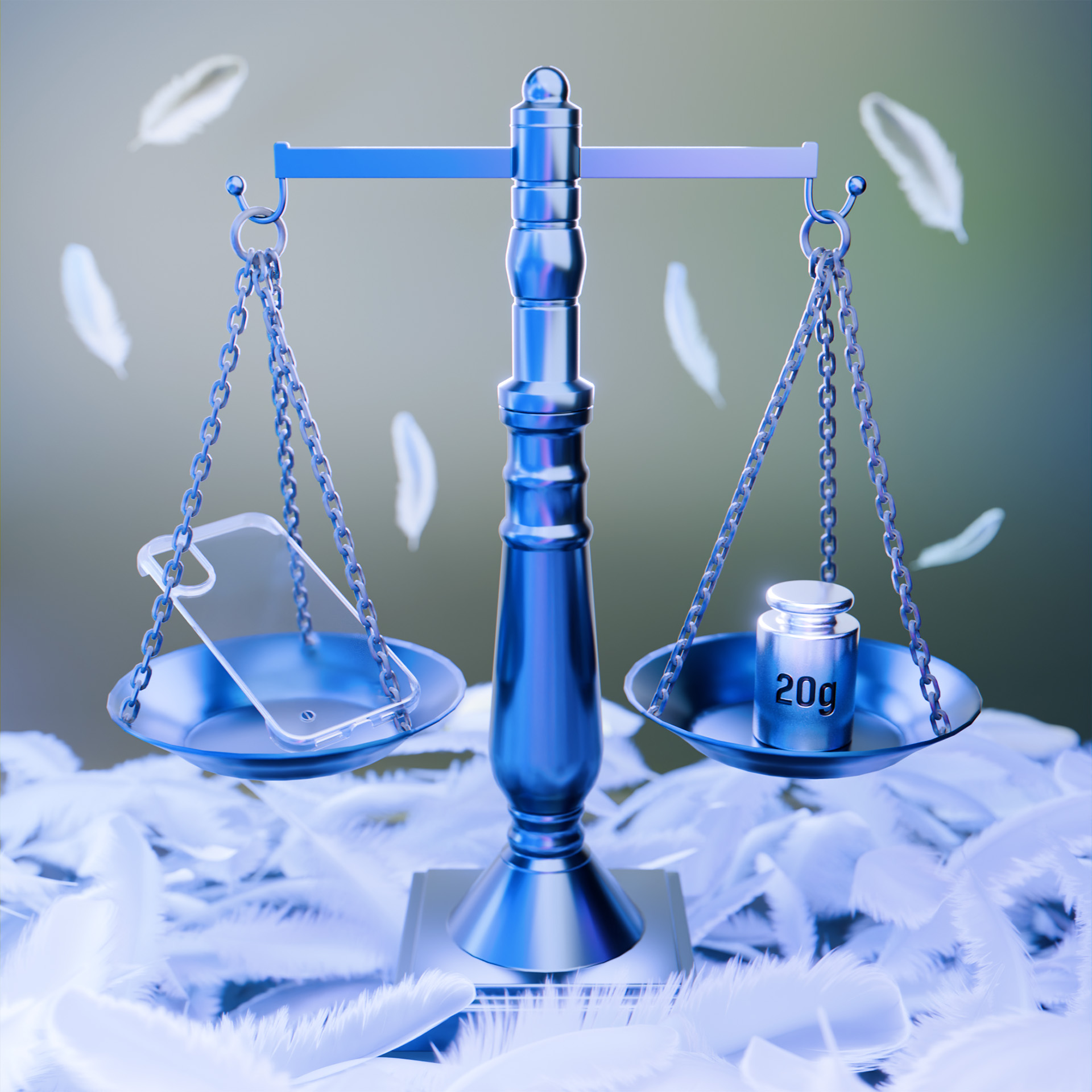 Waga z etui na telefon z jednej strony i odważnikiem 20g z drugiej, otoczona piórami.