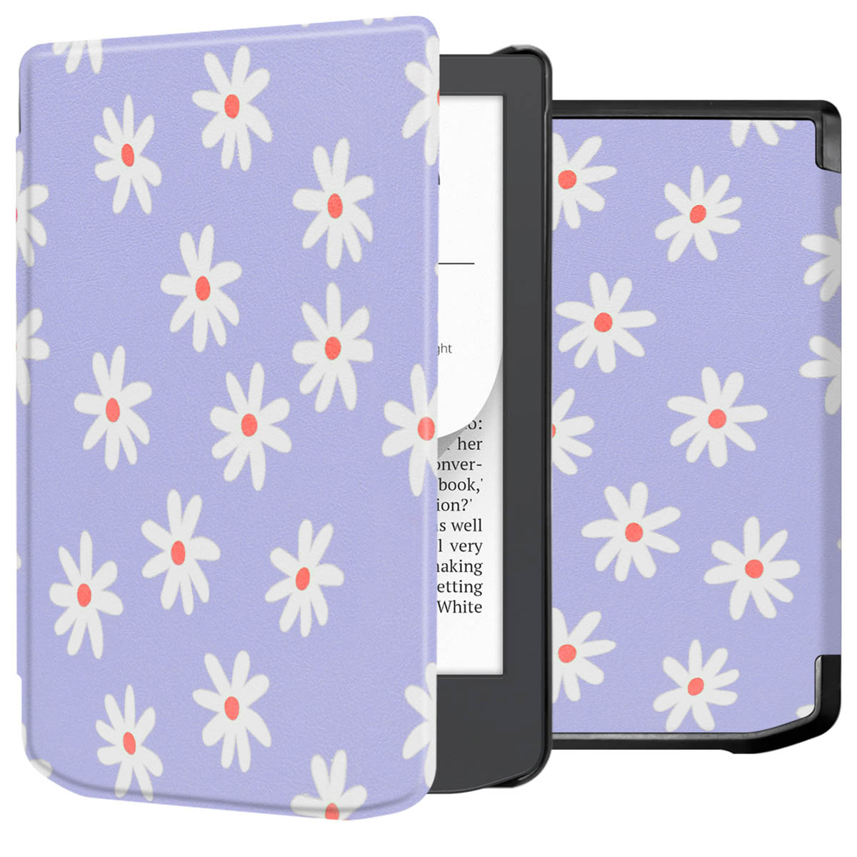 Een lila e-readerhoes met witte madeliefjes. De open hoes toont het scherm van de e-reader.