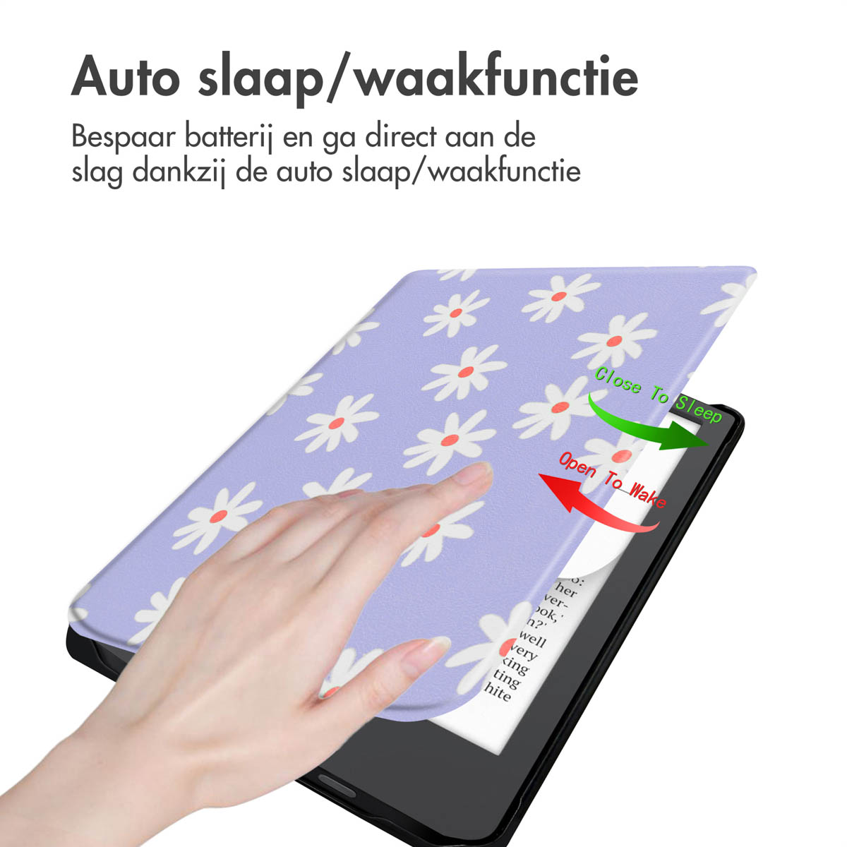E-reader met een bloemenhoes. De hoes is open en toont het scherm. Tekst over de slaap/waakfunctie.