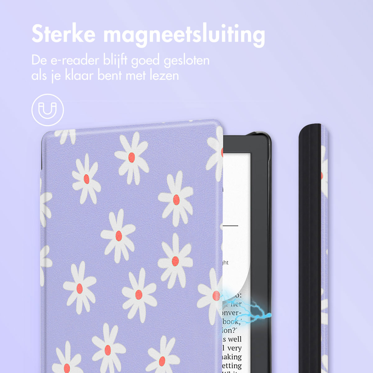 Een close-up van een e-reader in een hoesje met madeliefjes, de magneetsluiting wordt uitgelicht.