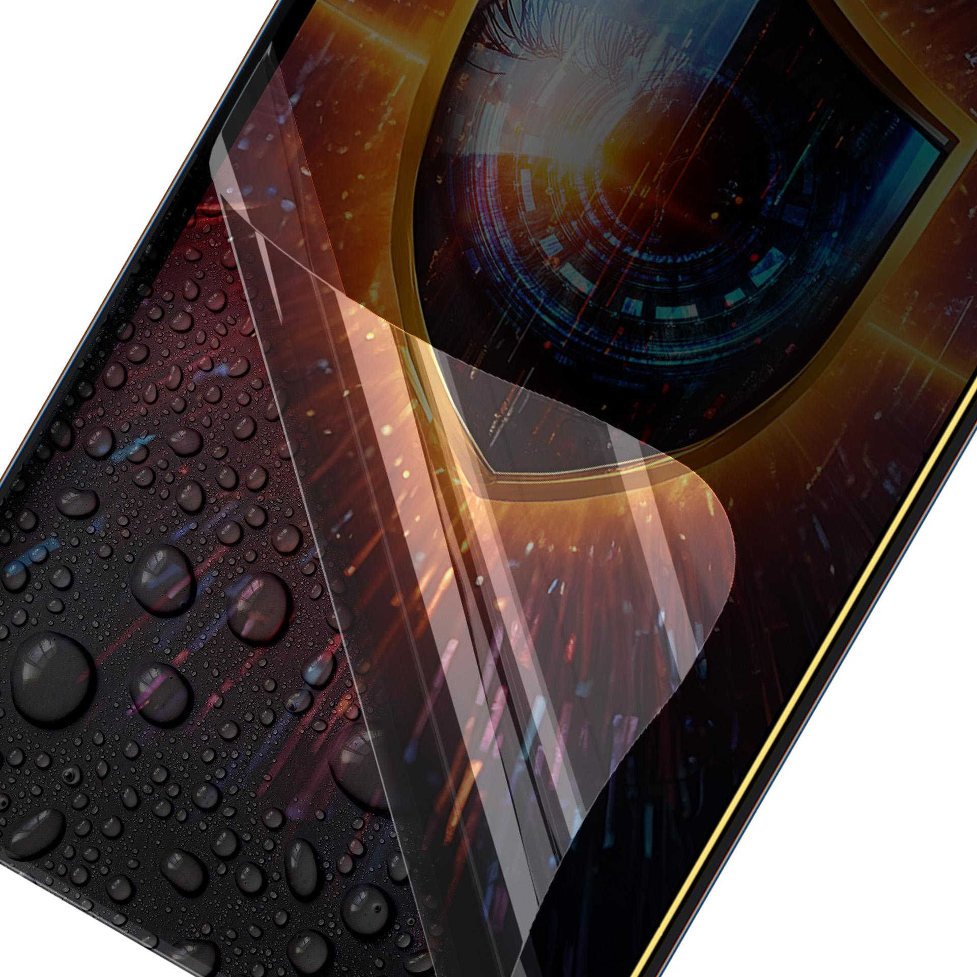 Un primo piano dello schermo di un telefono con un proteggi schermo applicato, mostrando un design digitale.