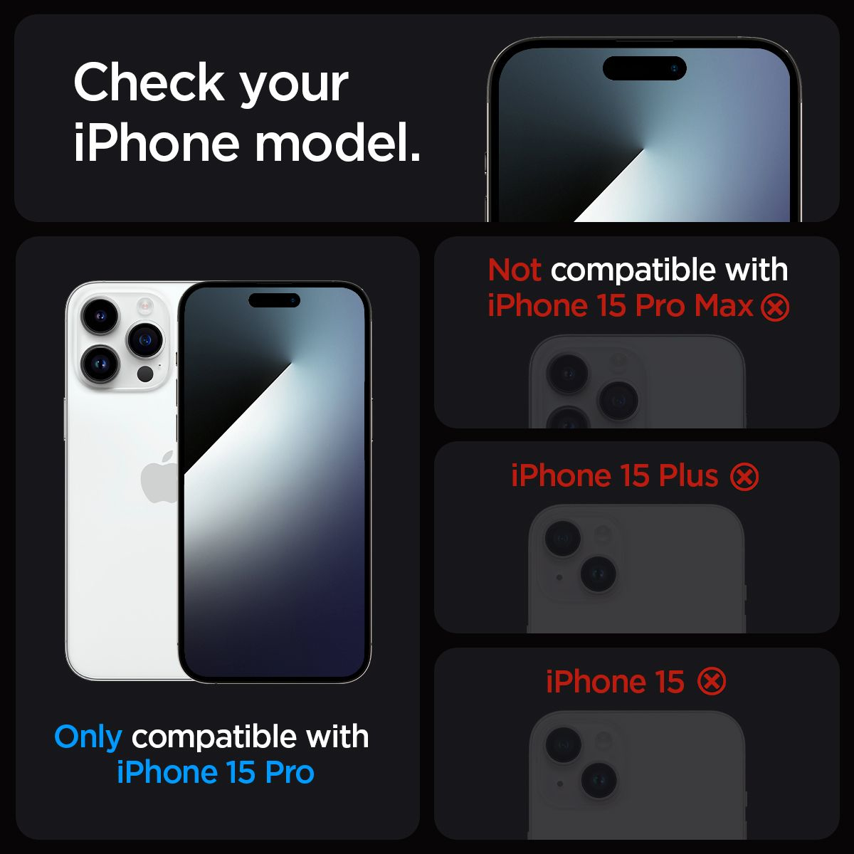 Immagine che mostra diversi modelli di iPhone, evidenziando la compatibilità con iPhone 15 Pro, non con altri.