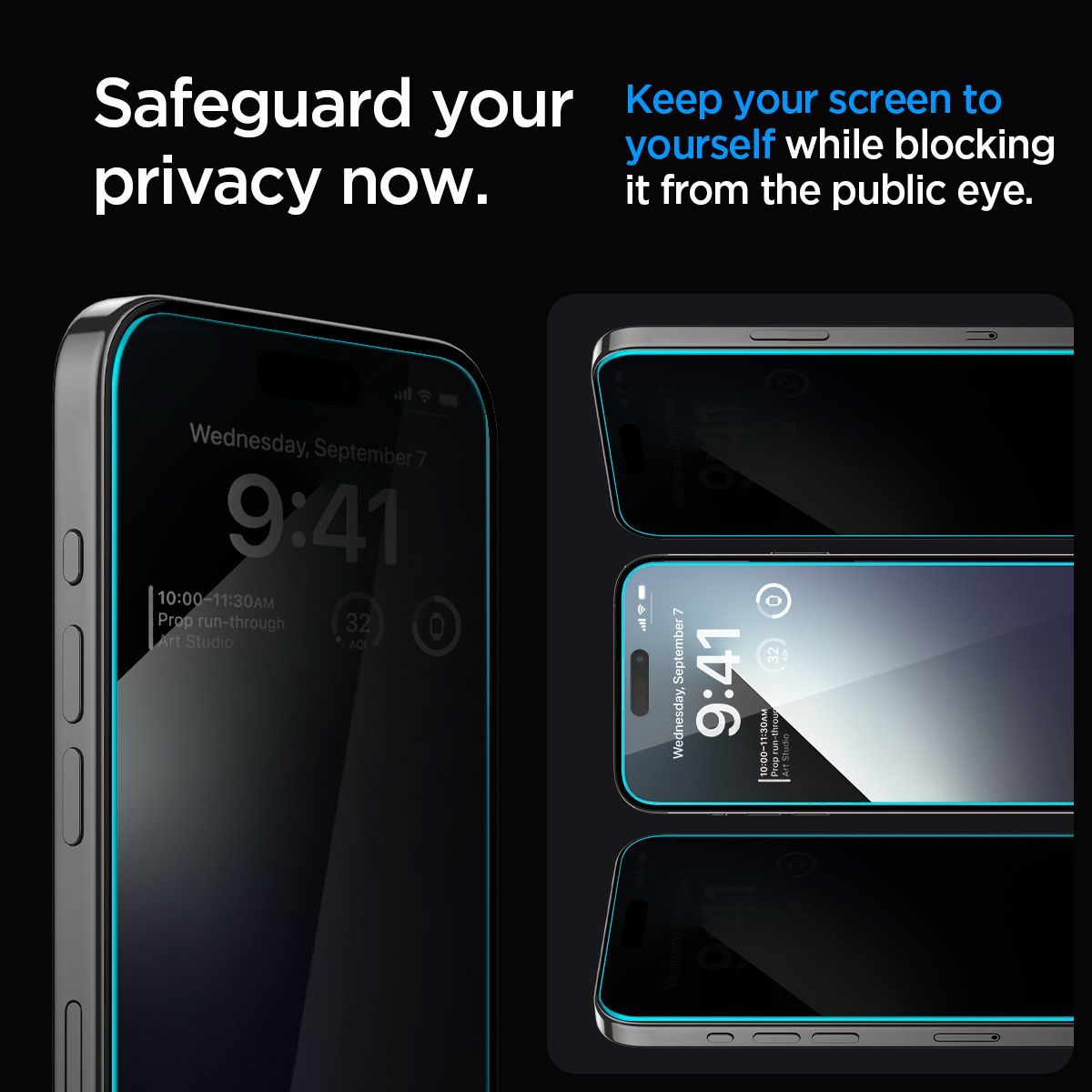 Trois écrans de téléphone avec des protecteurs d'écran, montrant une interface téléphonique avec l'heure et la date.