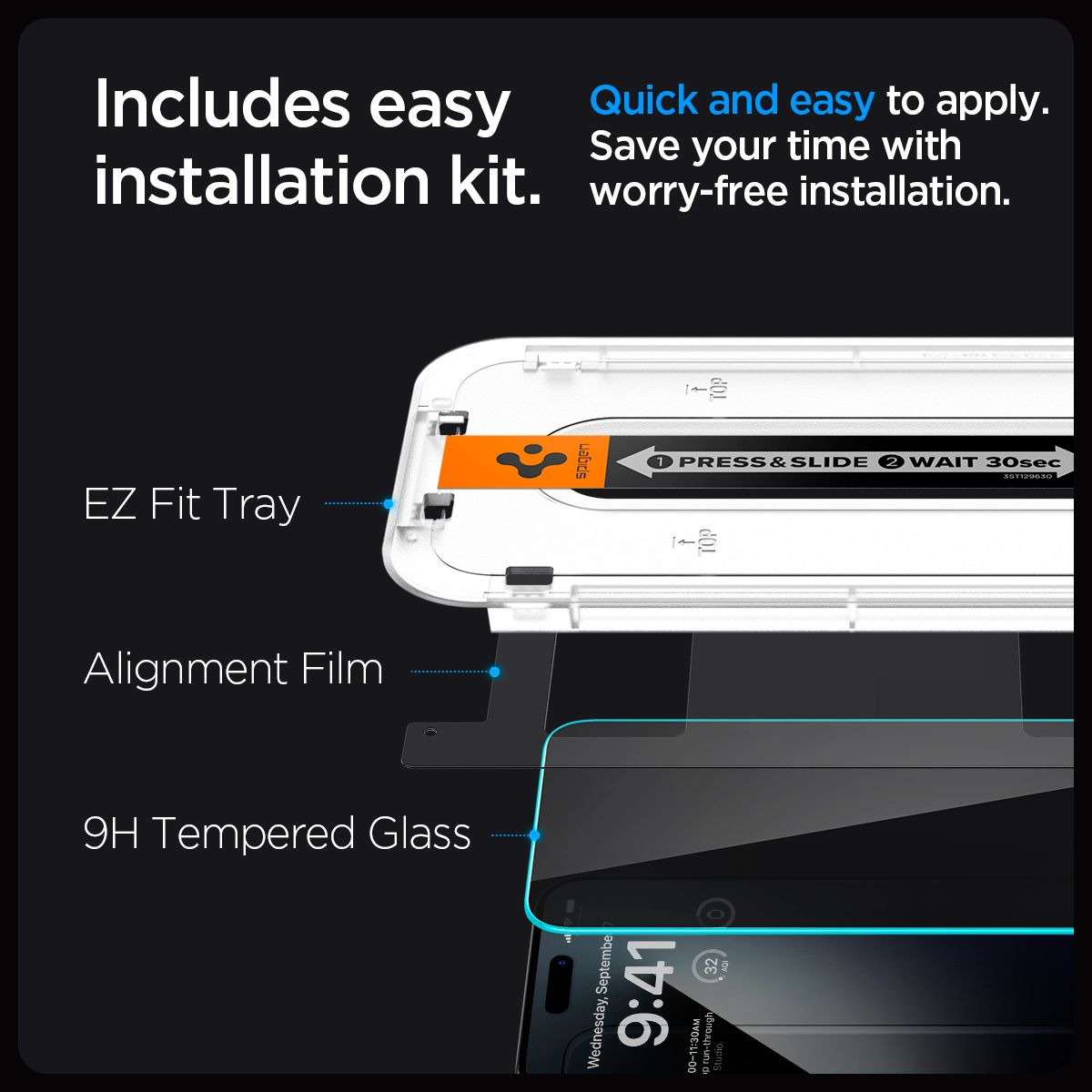 Un kit de protection d'écran de téléphone. Comprend un plateau, un film d'alignement et un protecteur d'écran en verre trempé.