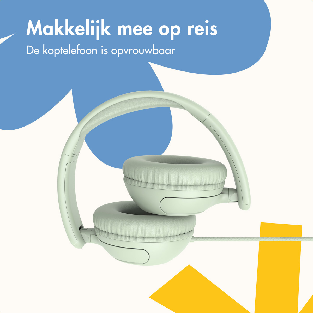 Opvouwbare groene koptelefoon op de voorgrond, met een blauwe en gele achtergrond en tekst.