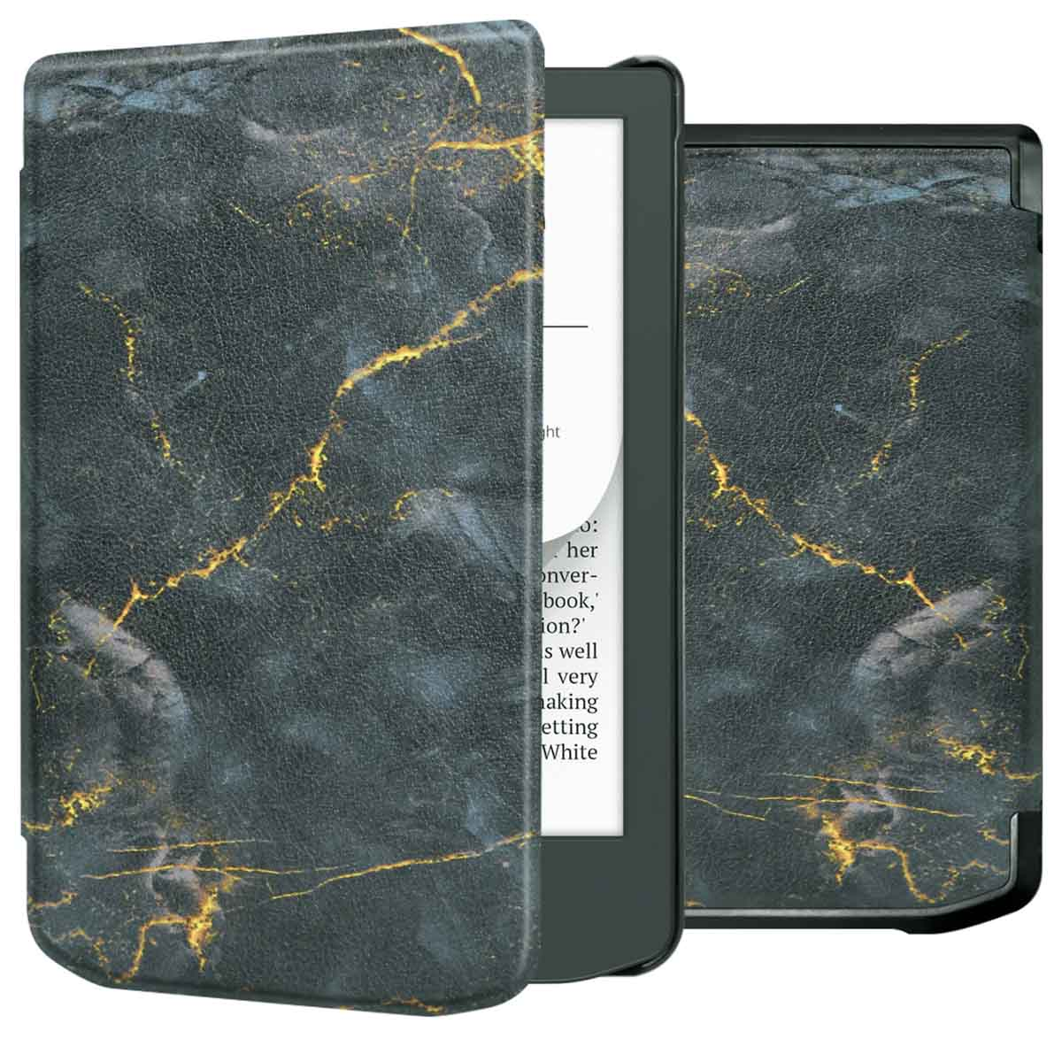 Een zwarte en grijze e-reader hoes, met een marmerpatroon en gouden accenten. De hoes is open.