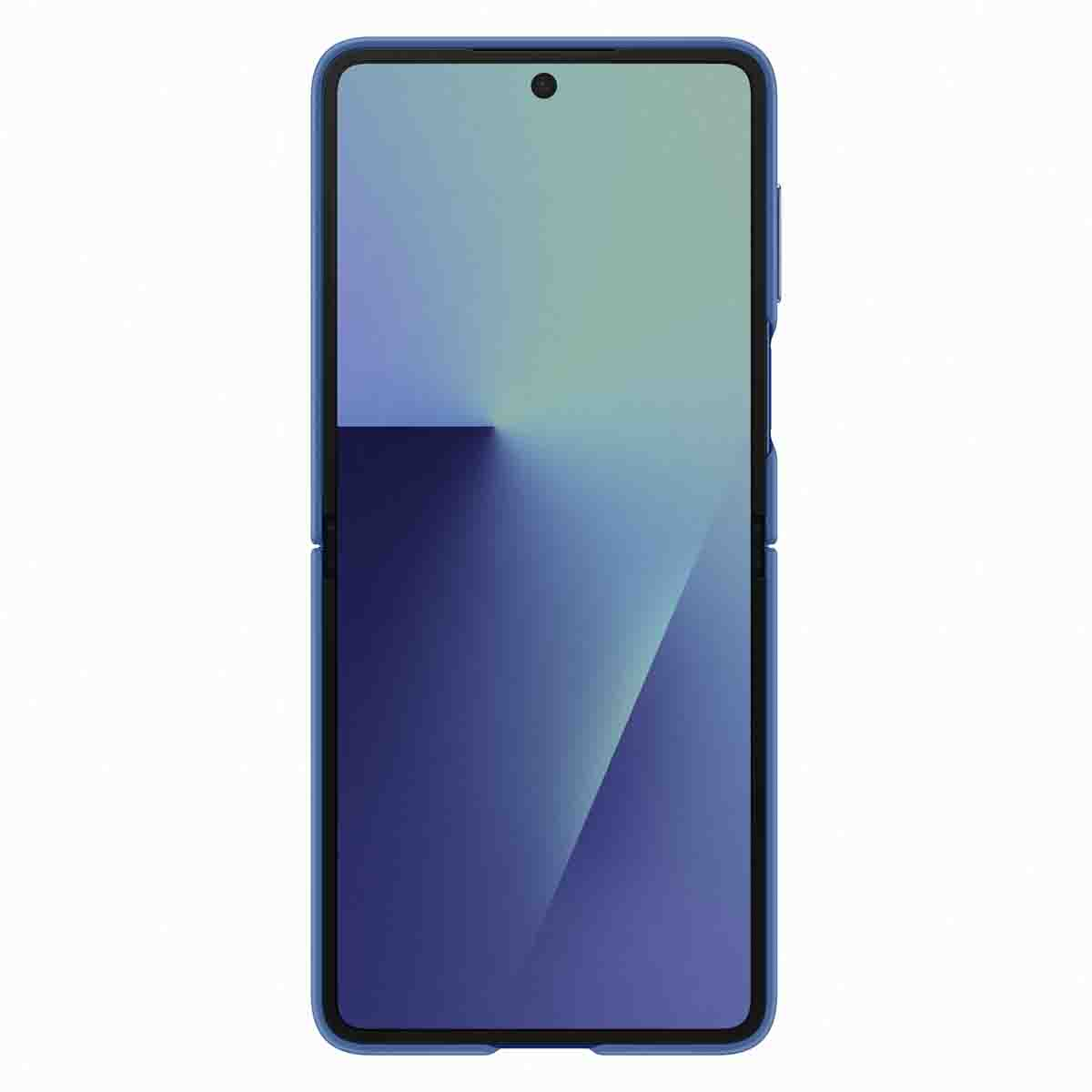 Składany niebieski telefon. Ekran włączony, wyświetla gradient. Otwarta pozycja.
