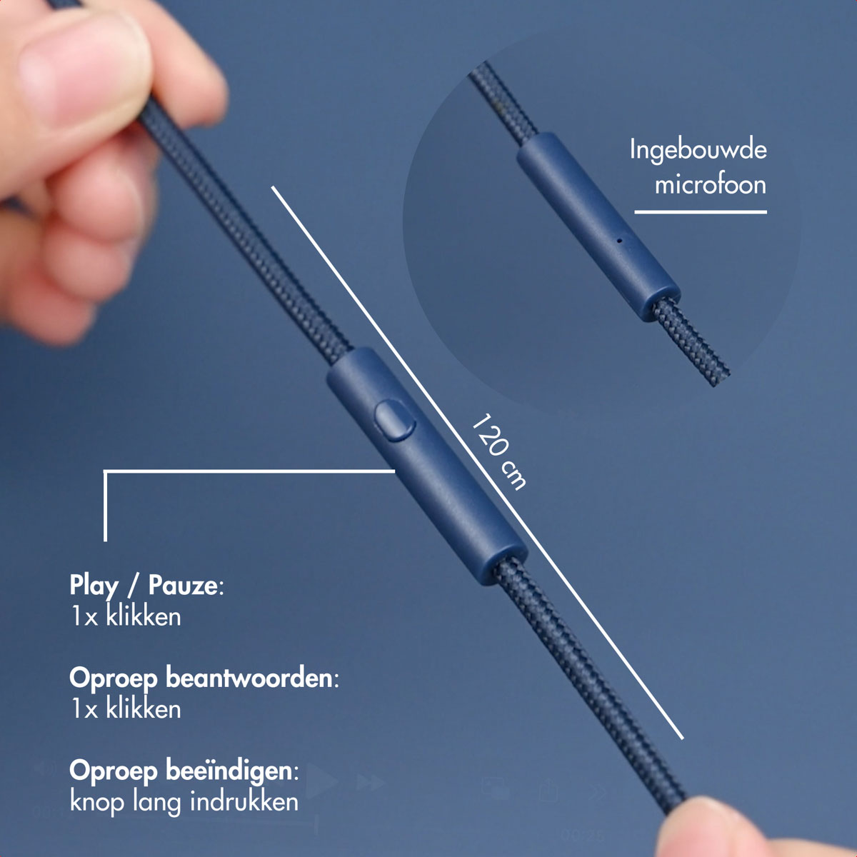 Close-up of dark blue headphones cable. Text: Play/pause, 1 click. Answer/end call, 1 click. Long press for end.