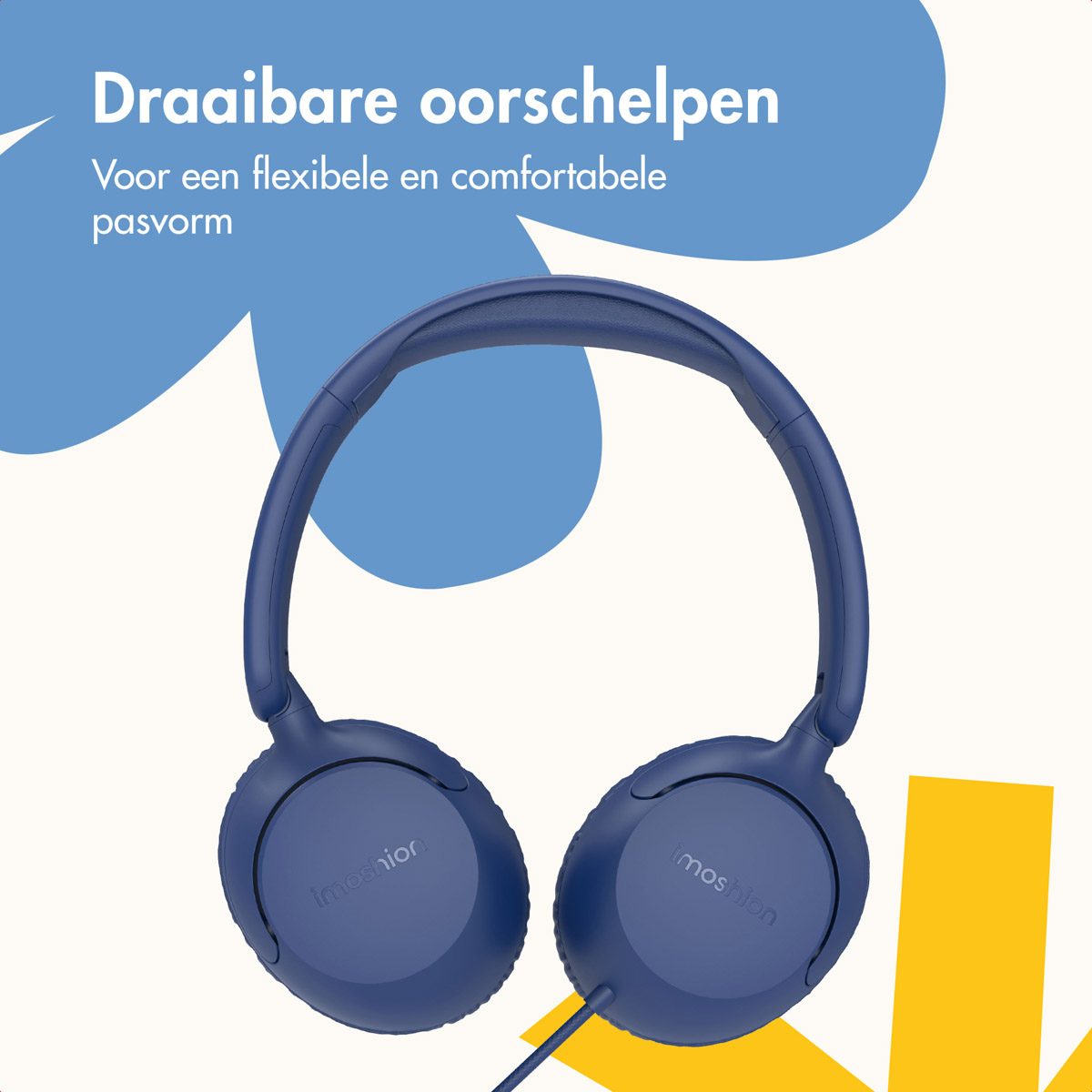 Blue headphones with a blue wire. The earcups swivel. The design is simple and modern.