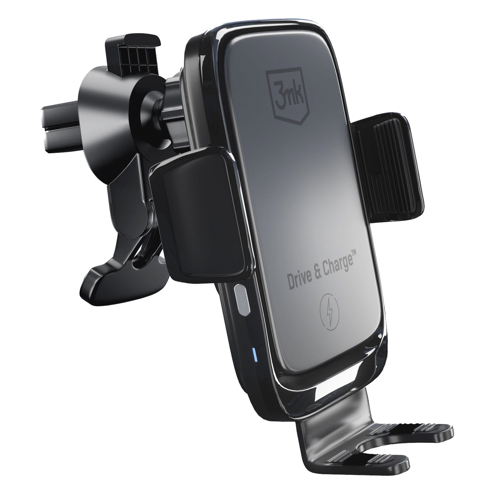 Czarny uchwyt samochodowy na telefon z logo 3mk. Drive & Charge jest napisane na uchwycie.