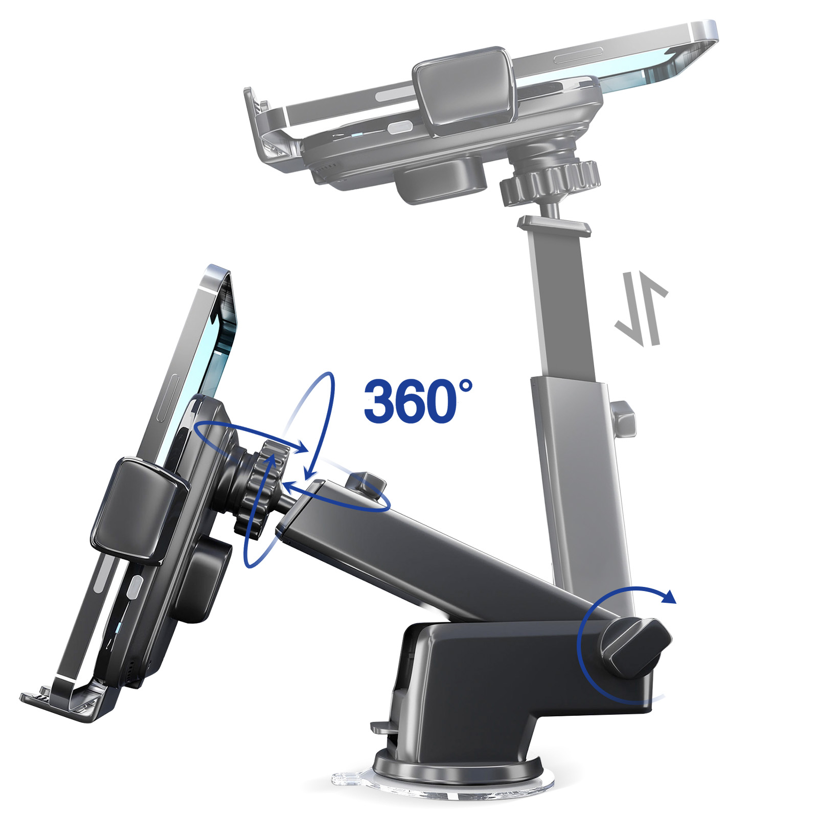 Uchwyt samochodowy na telefon z telefonem, pokazujący różne kąty obrotu. Białe tło.