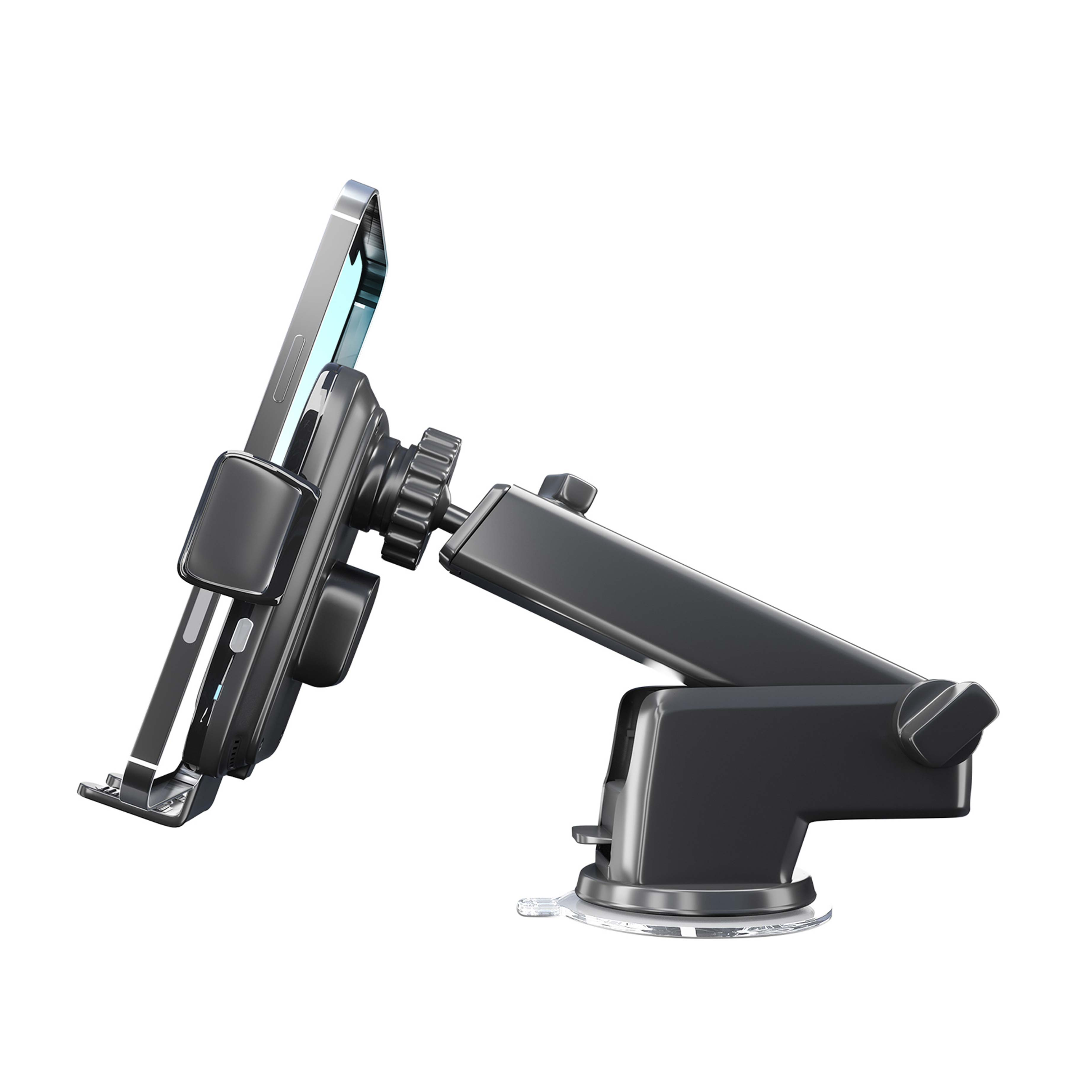 Czarny uchwyt na telefon do samochodu, przymocowany do przyssawki. Telefon jest trzymany w kołysce.