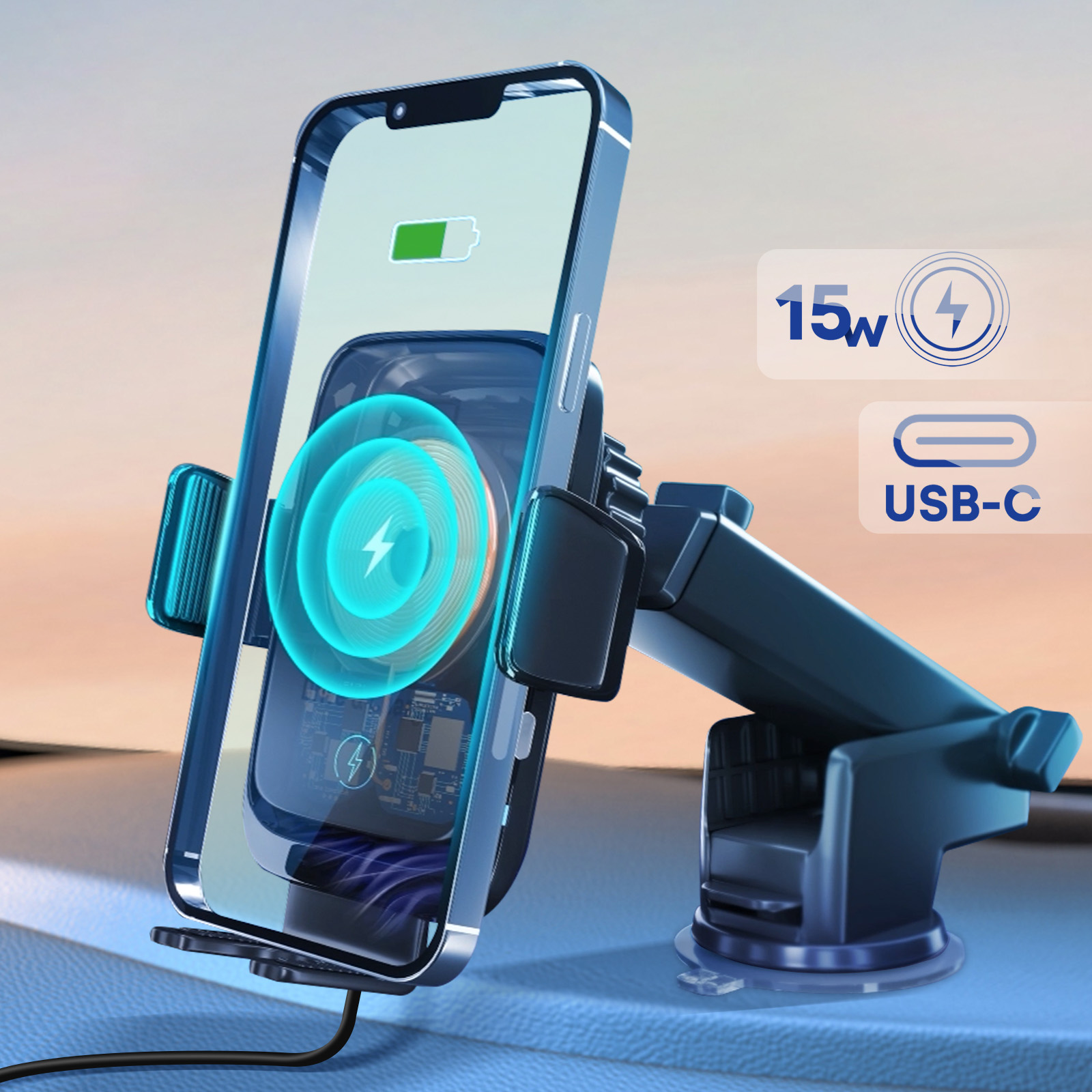 Telefon w uchwycie samochodowym, ze symbolem ładowania. Tekst mówi 15W i USB-C.