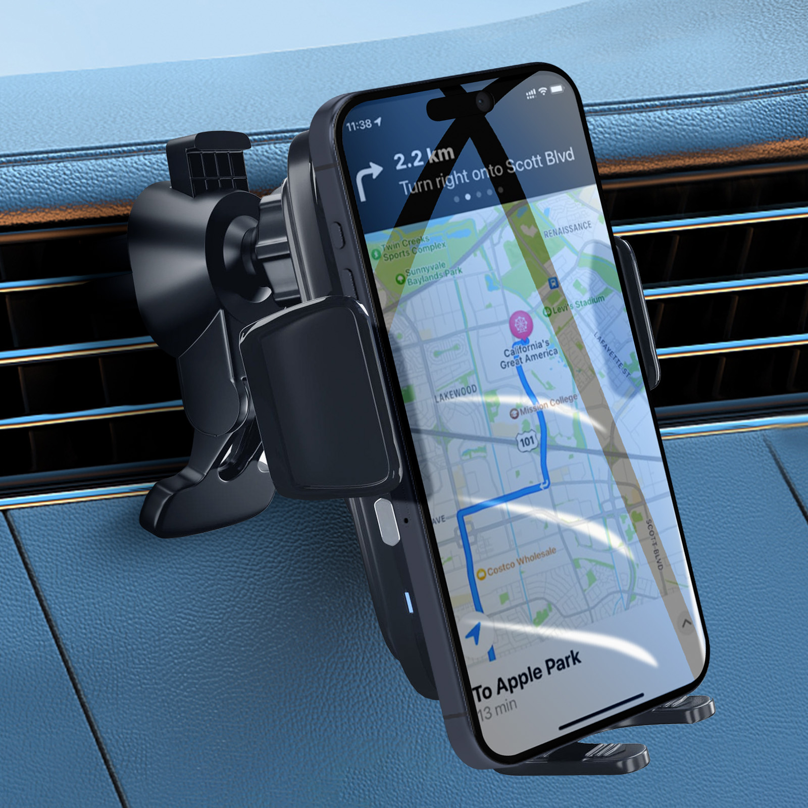 Uchwyt samochodowy na telefon z telefonem w środku. Uchwyt jest czarny i ma logo 3mk.