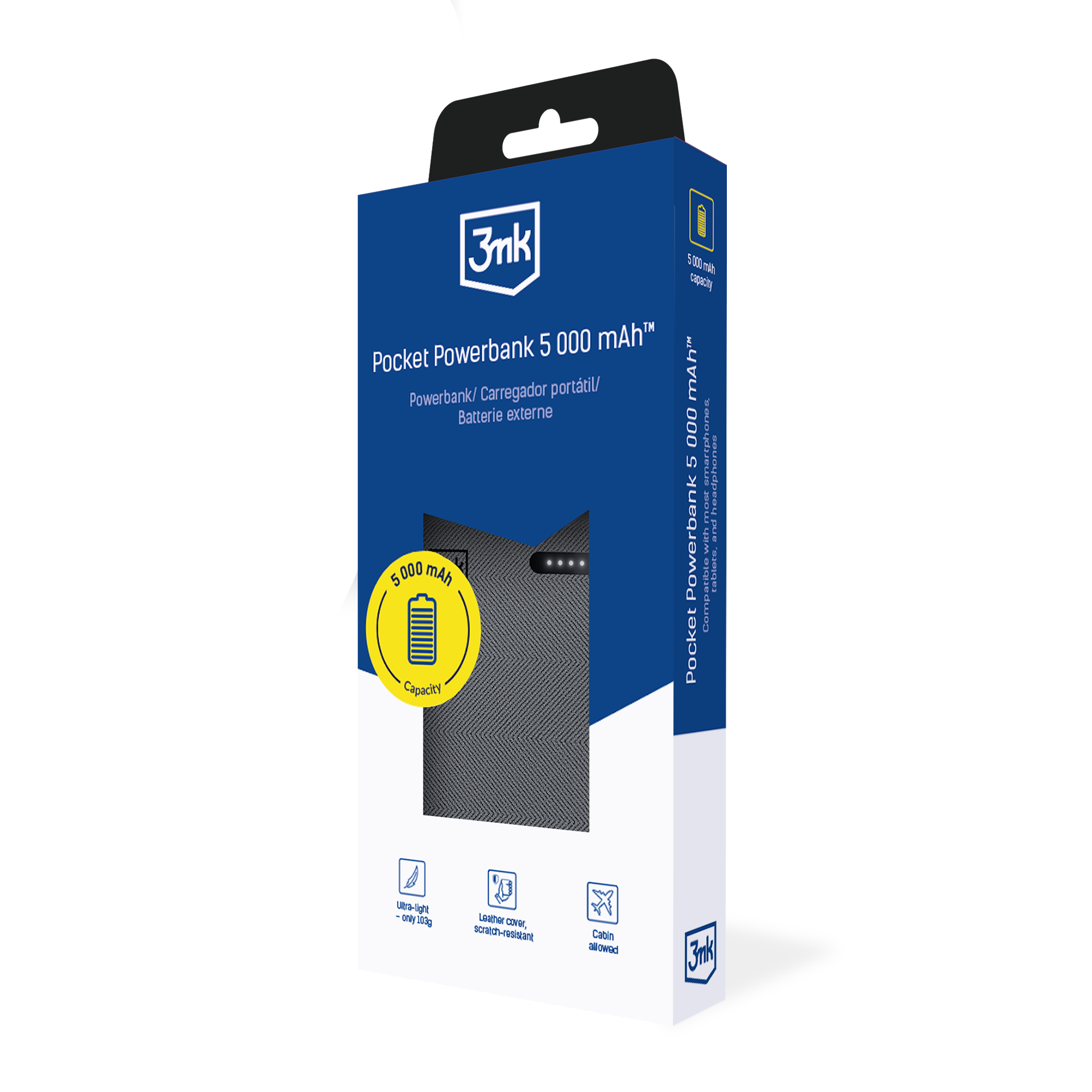 Niebiesko-białe pudełko na power bank. Tekst na pudełku opisuje produkt. Power bank jest widoczny w pudełku.