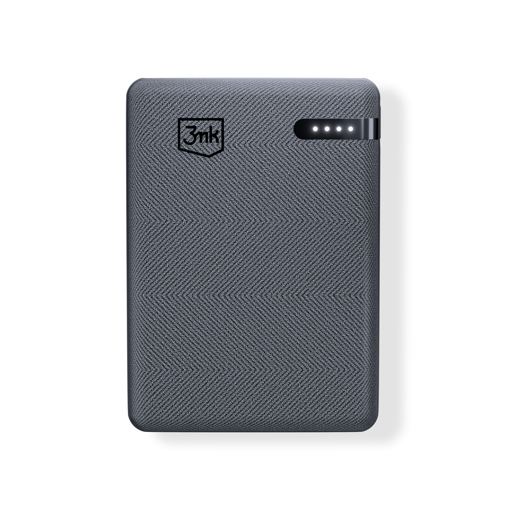 Szary power bank z logo 3mk, wzorem w jodełkę i wskaźnikami świetlnymi na białej powierzchni.