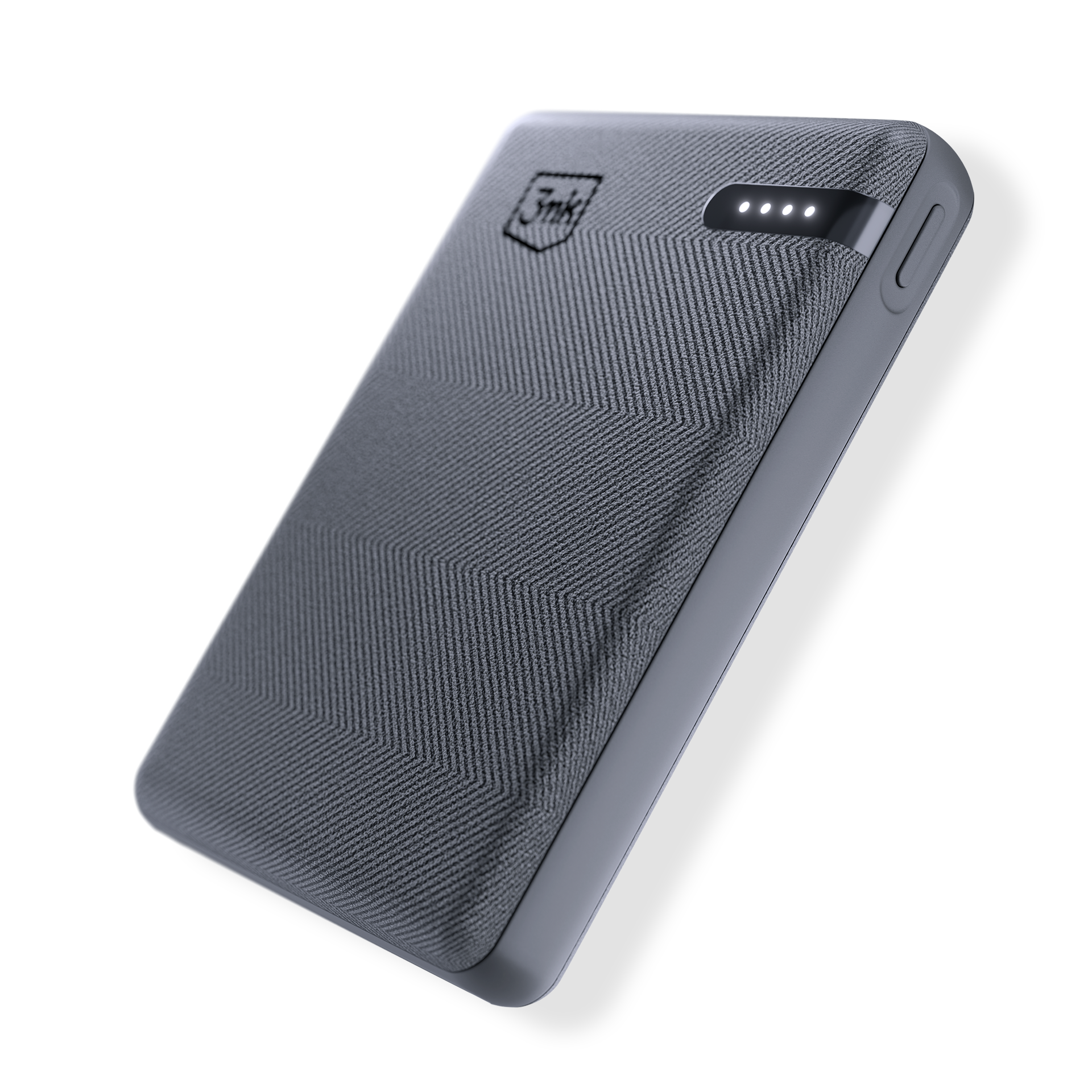 Szary power bank z teksturowaną powierzchnią i kilkoma lampkami kontrolnymi. Jest na białym tle.