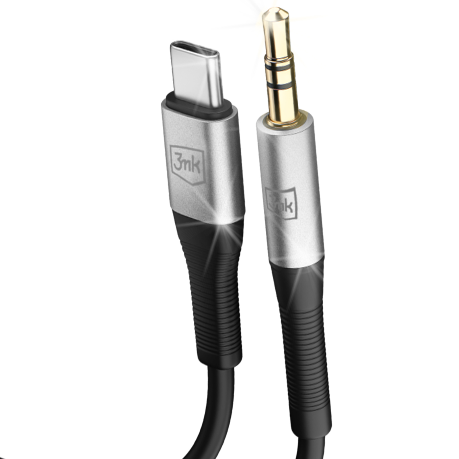 Wyświetlany jest kabel audio USB-C do 3,5 mm. Złącza są srebrne z logo marki i czarnym kablem.