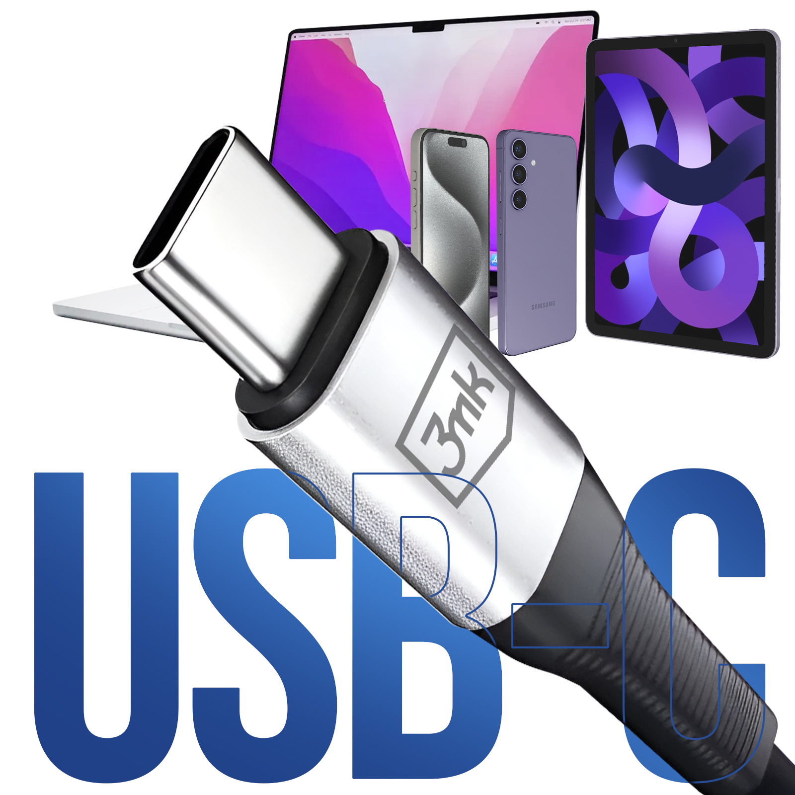 Kabel USB-C z marką 3mk, z laptopem, telefonami i tabletem w tle, tekst USB C.