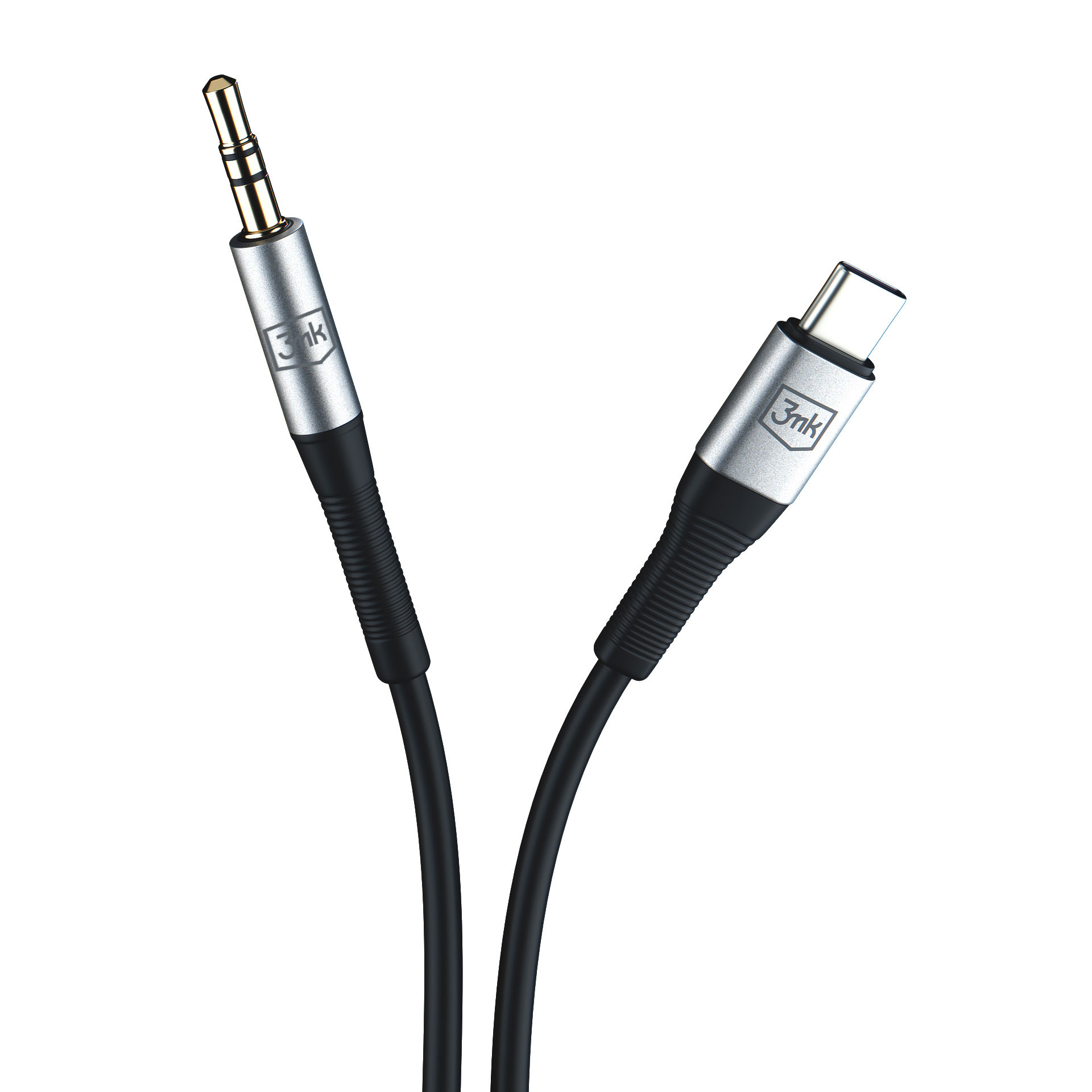 Kabel audio USB-C do 3,5 mm. Złącza są srebrne z logo marki, a kabel jest czarny.