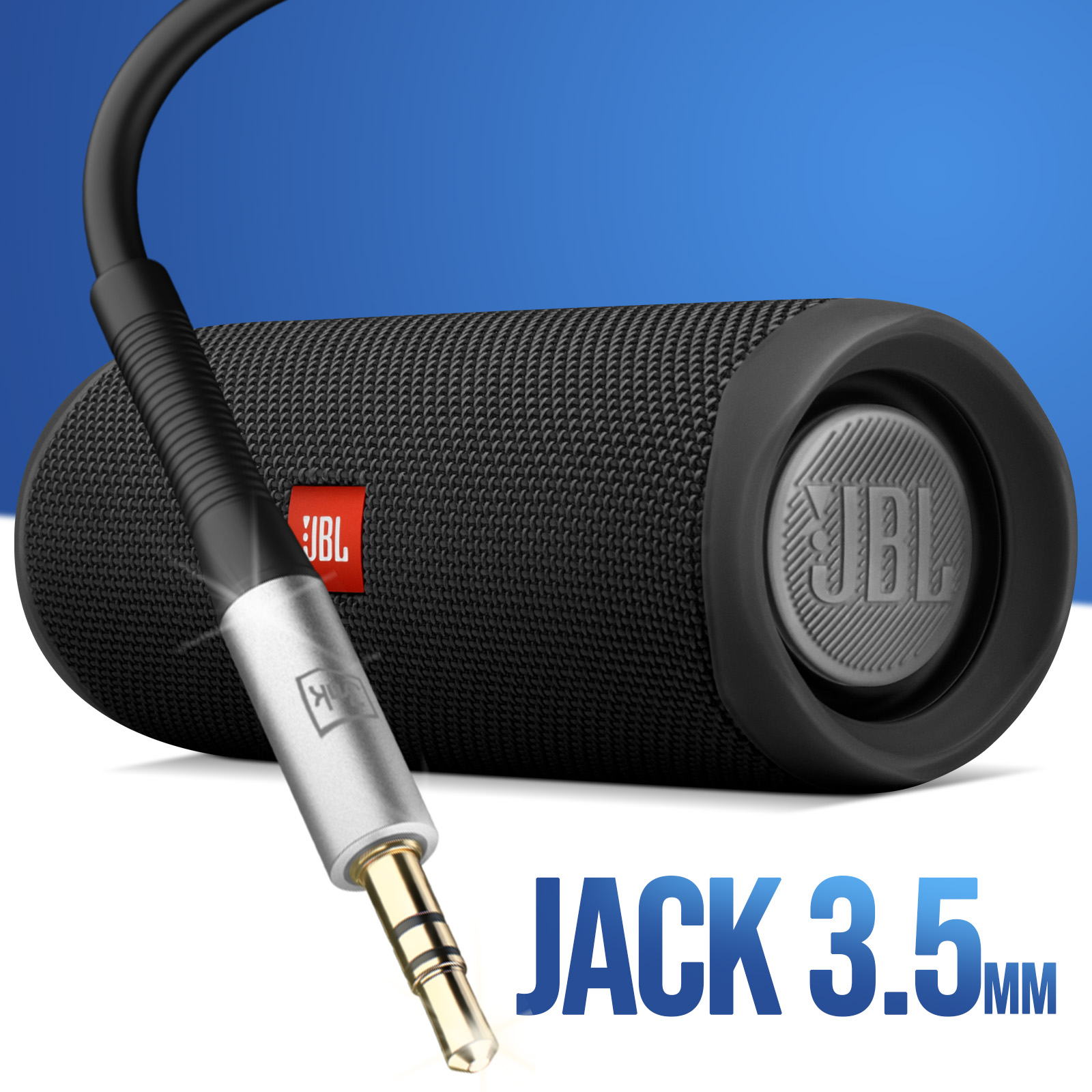 Głośnik z wpiętym kablem jack 3,5 mm. Niebieskie i białe tło z napisem JACK 3.5MM.