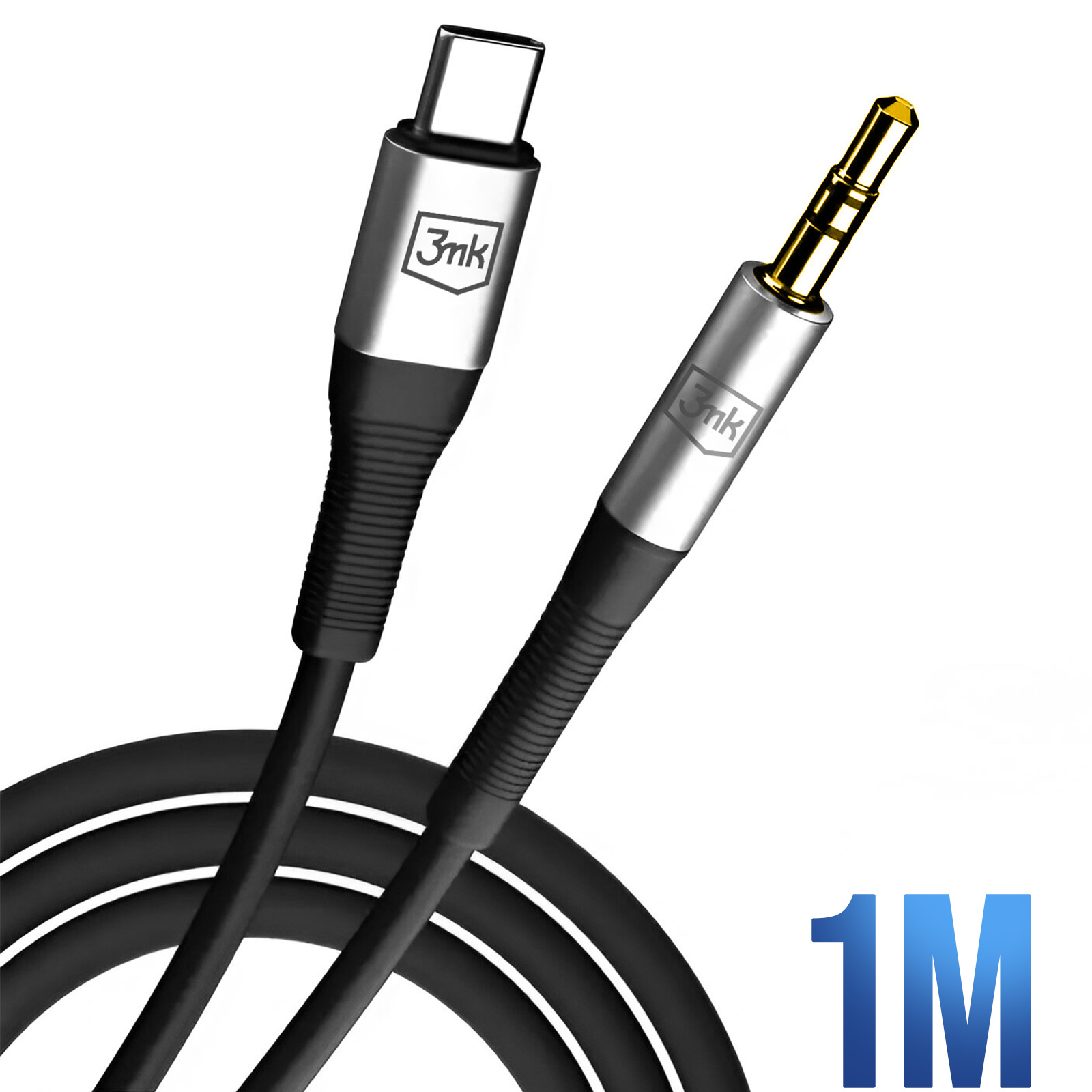 Pokazano kabel audio USB-C do 3,5 mm. Złącza są srebrne z logo marki, a kabel jest czarny.