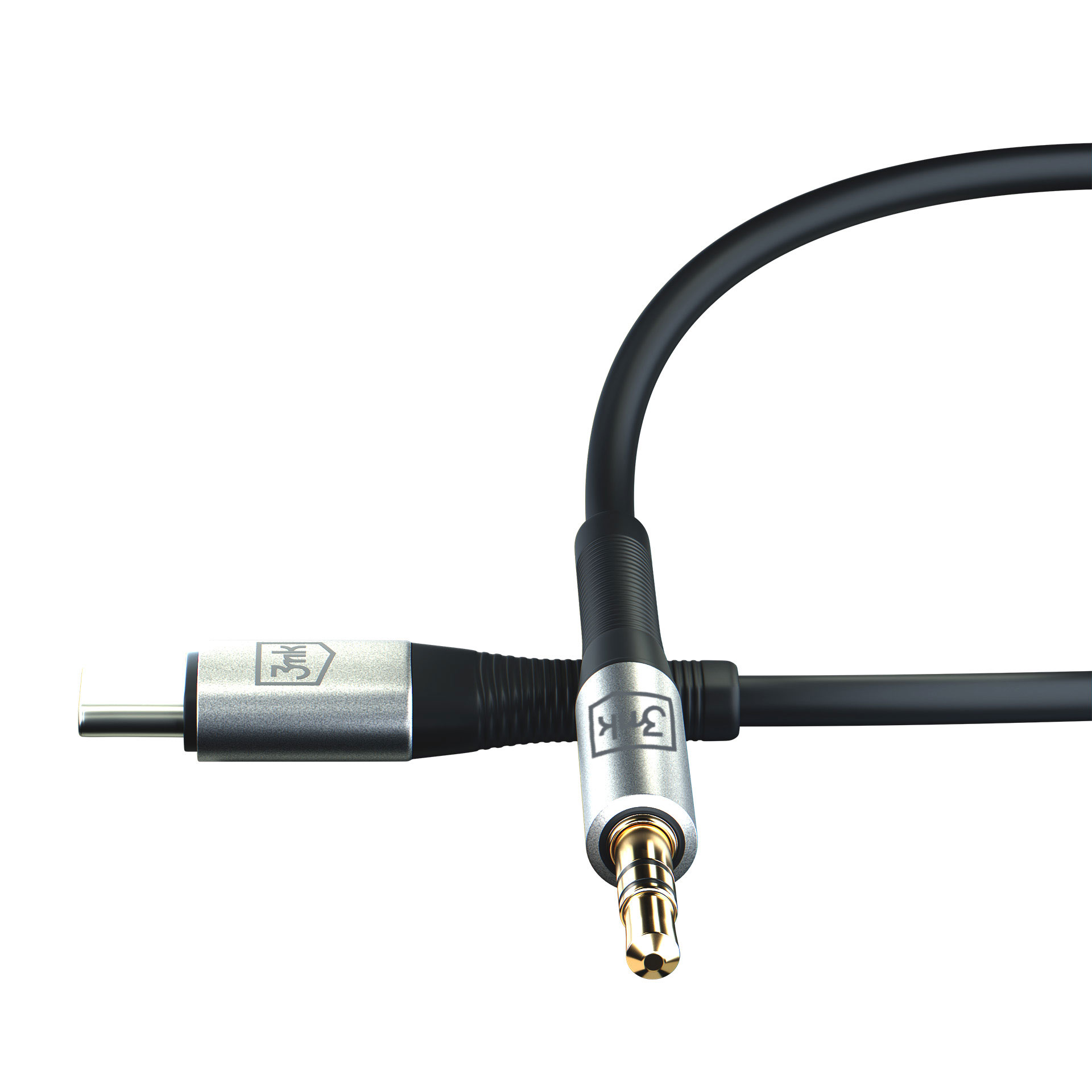 Wyświetlany jest kabel audio USB-C do 3,5 mm. Złącza są srebrne z logo marki, a kabel jest czarny.