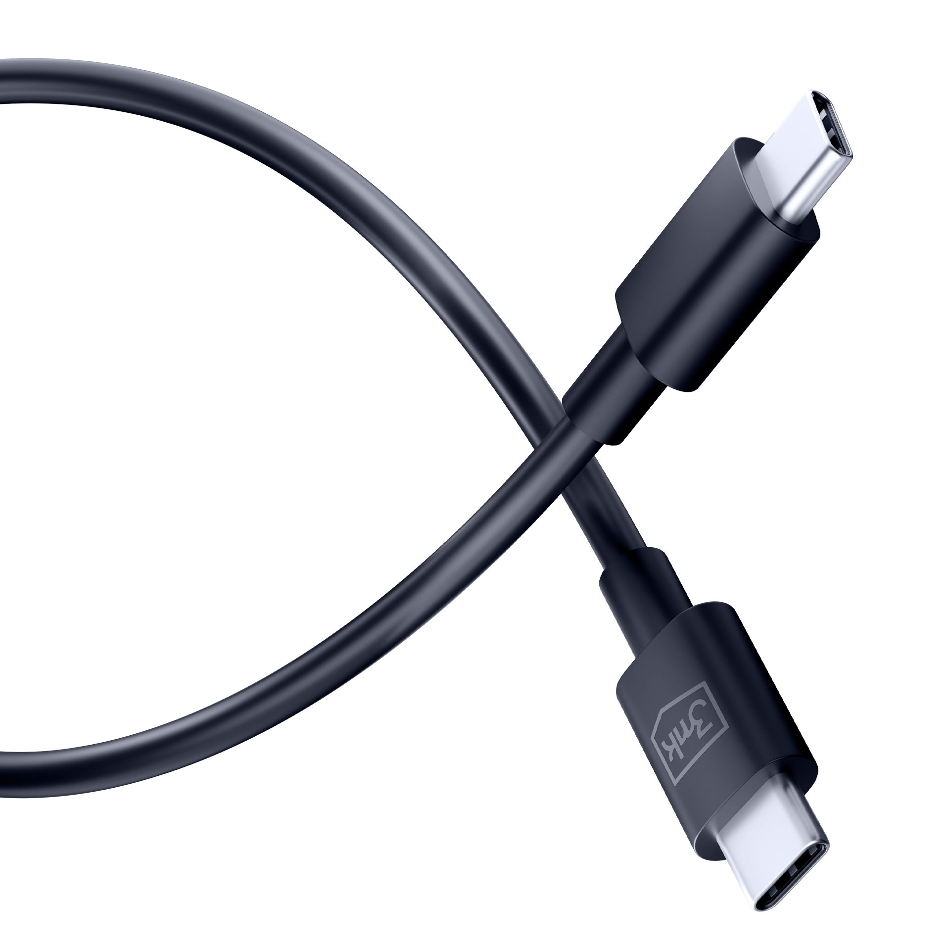 Un cavo USB-C nero con un connettore ad ogni estremità. I connettori hanno il logo.