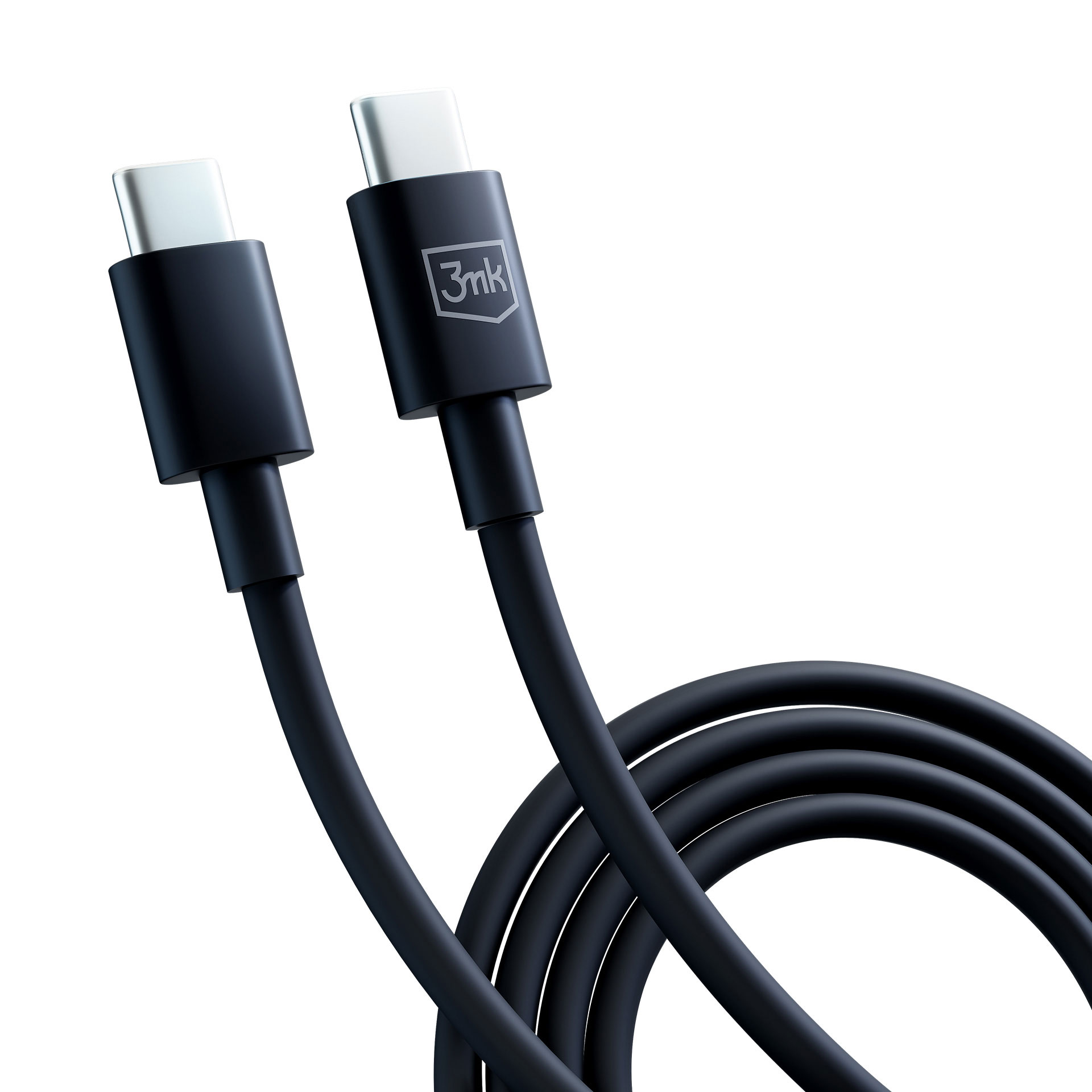 Due cavi USB-C neri. I connettori hanno il logo. Sfondo bianco.