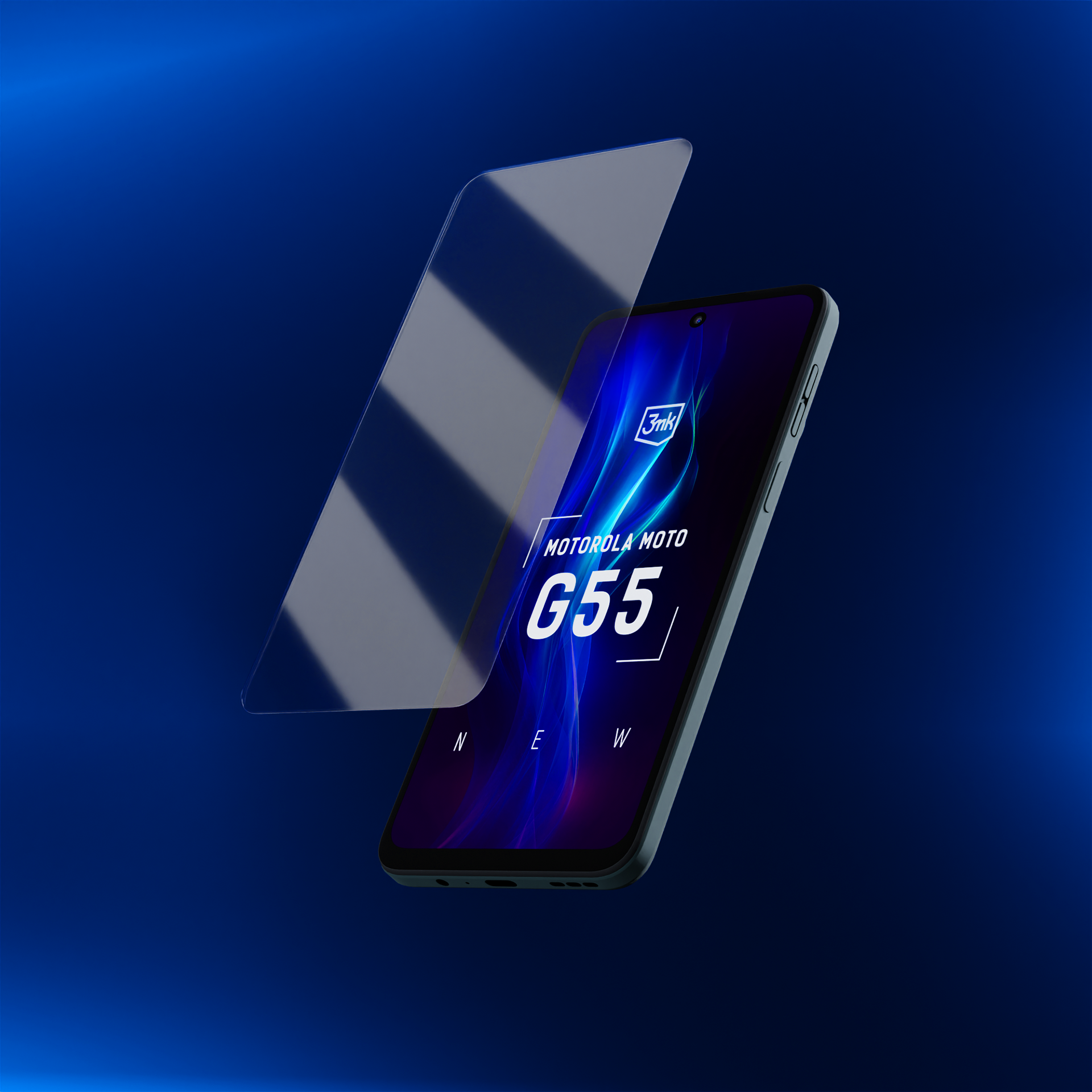 Telefon i ochrona ekranu, oba z logo Motorola Moto G55 i tarczą.