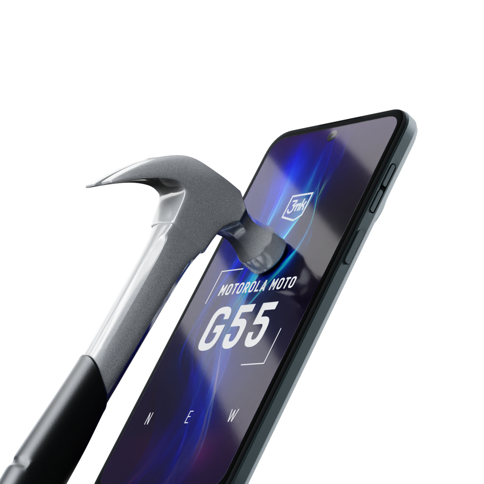 Młotek uderzający w ekran telefonu. Telefon to Motorola Moto G55. Białe tło.