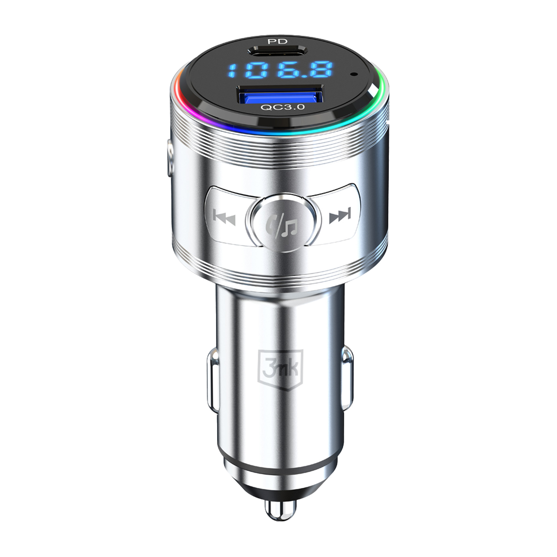 Samochodowy nadajnik FM, srebrny. Posiada cyfrowy wyświetlacz z numerami i portami USB. Podstawa jest do portu samochodu.