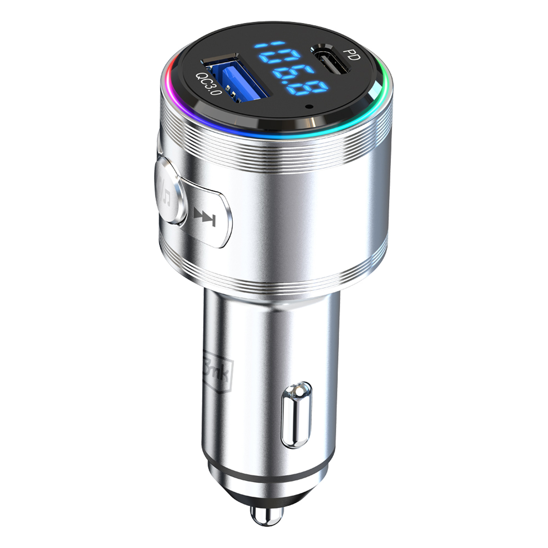 Srebrny nadajnik FM do samochodu z wyświetlaczem cyfrowym 106.8. Posiada porty USB i PD.