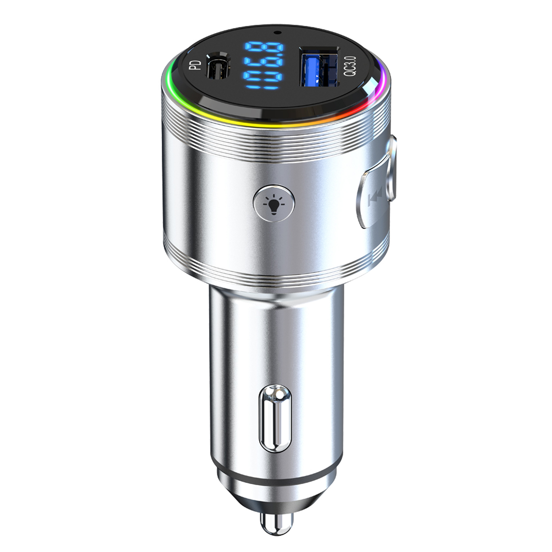 Samochodowy nadajnik FM, srebrny. Posiada cyfrowy wyświetlacz z numerami i portami USB. Ma wokół siebie świetlny pierścień.