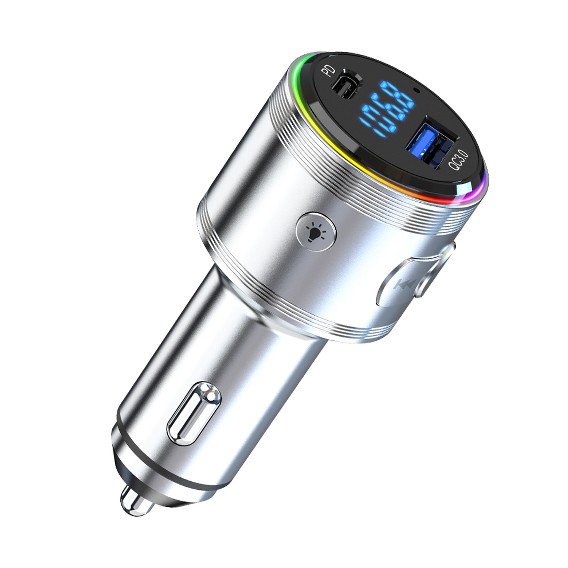 Srebrna ładowarka samochodowa z ekranem. Ma przyciski i port USB. Ekran wyświetla cyfry.