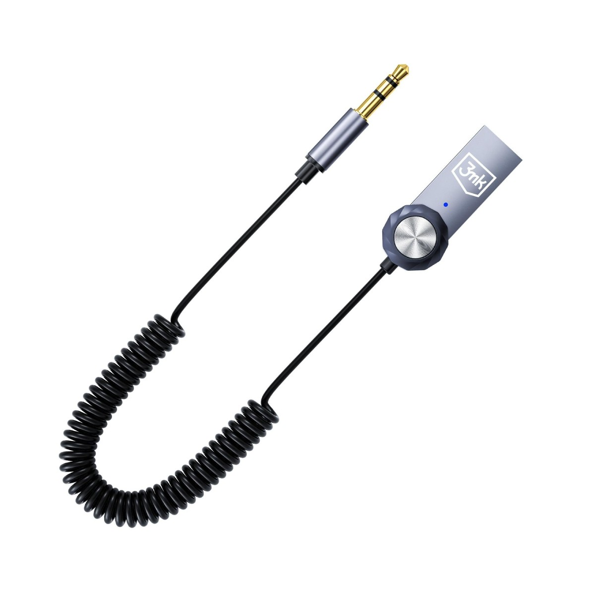 Kabel jack 3,5 mm podłączony do małego, srebrnego urządzenia z pokrętłem.