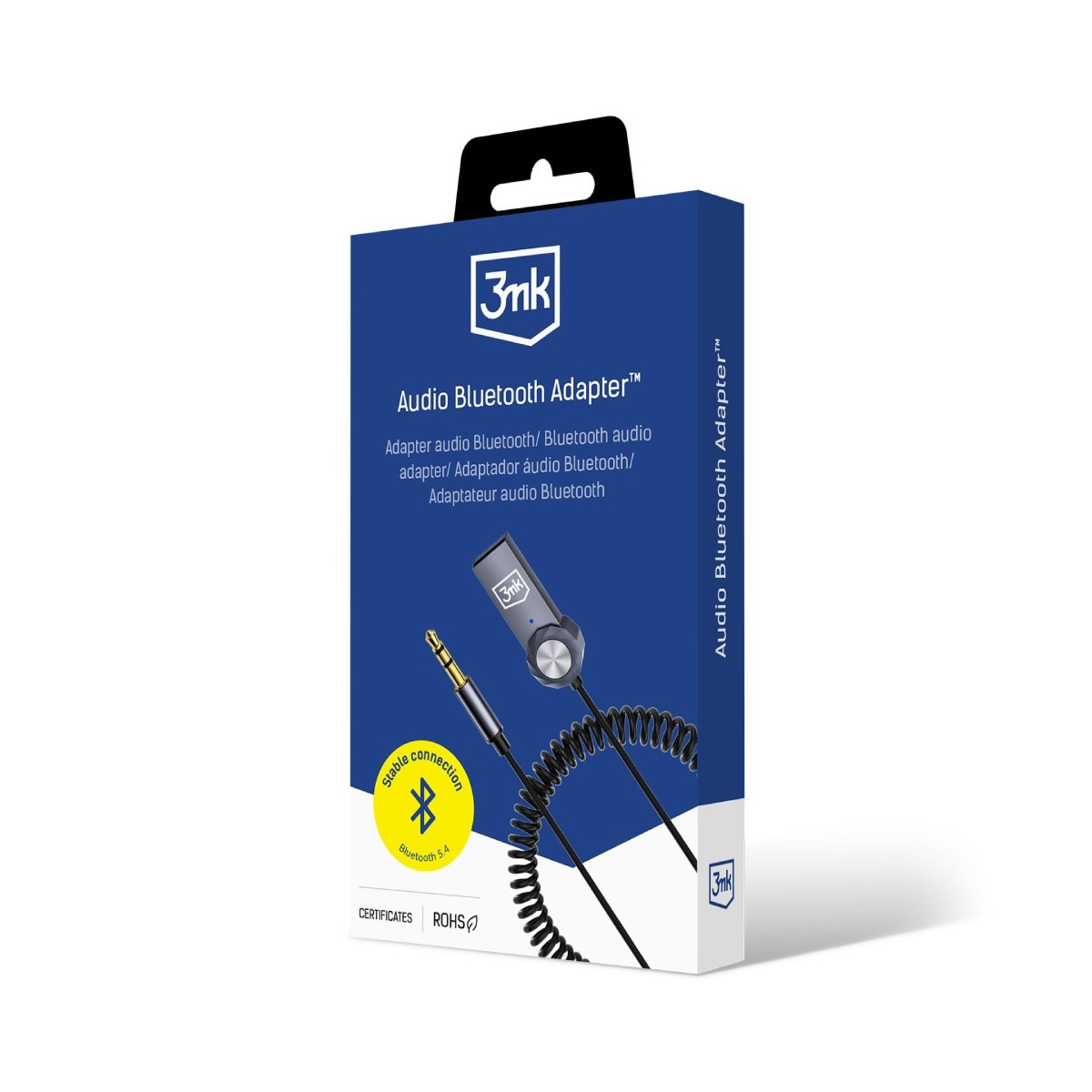 Niebieskie pudełko z adapterem Bluetooth, kablem i żółtym okręgiem.