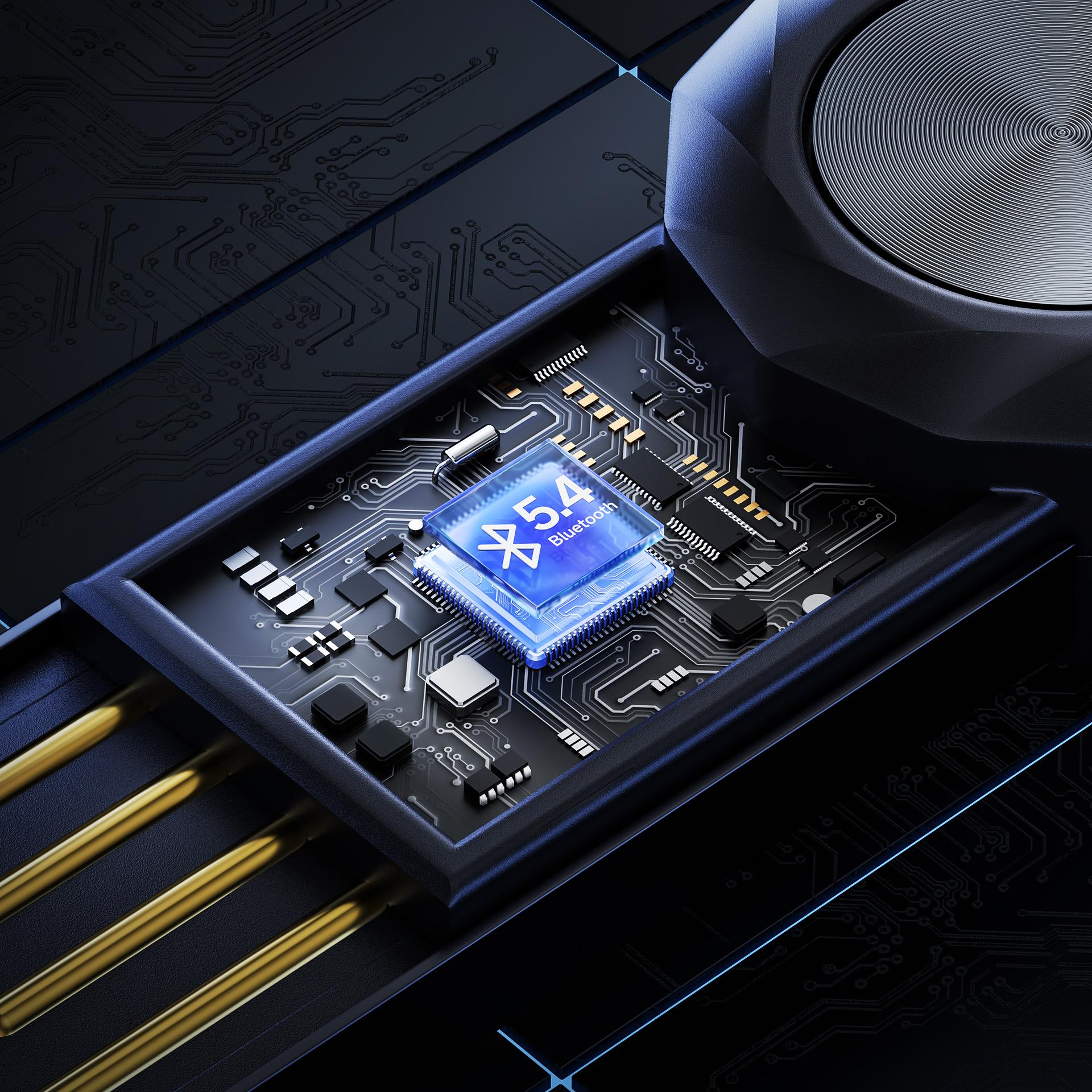 Zbliżenie niebieskiej płytki drukowanej z chipem Bluetooth. Złote piny widoczne po lewej.