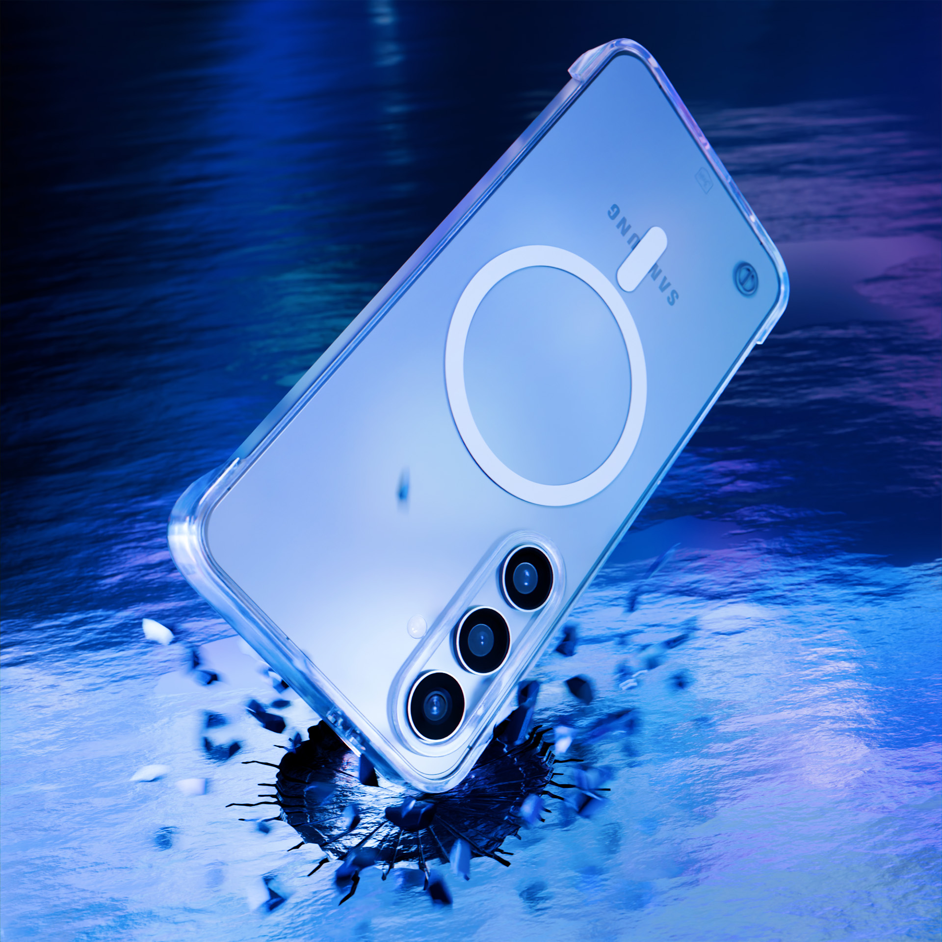 Etui na telefon na odbijającej powierzchni, widoczny aparat, z uderzeniem.