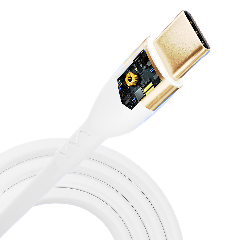 Biały kabel ładujący ze złotym złączem USB-C. Złącze jest przecięte, aby odsłonić obwody.
