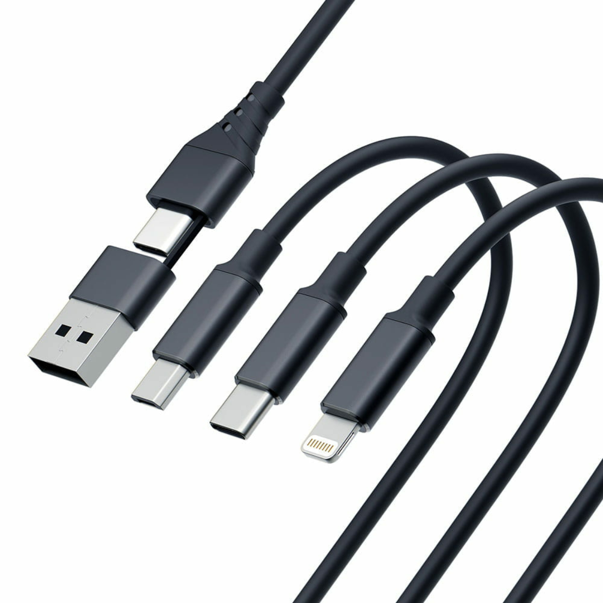 Czarny kabel ładujący z czterema różnymi złączami: USB, USB-C, USB-C i Lightning.