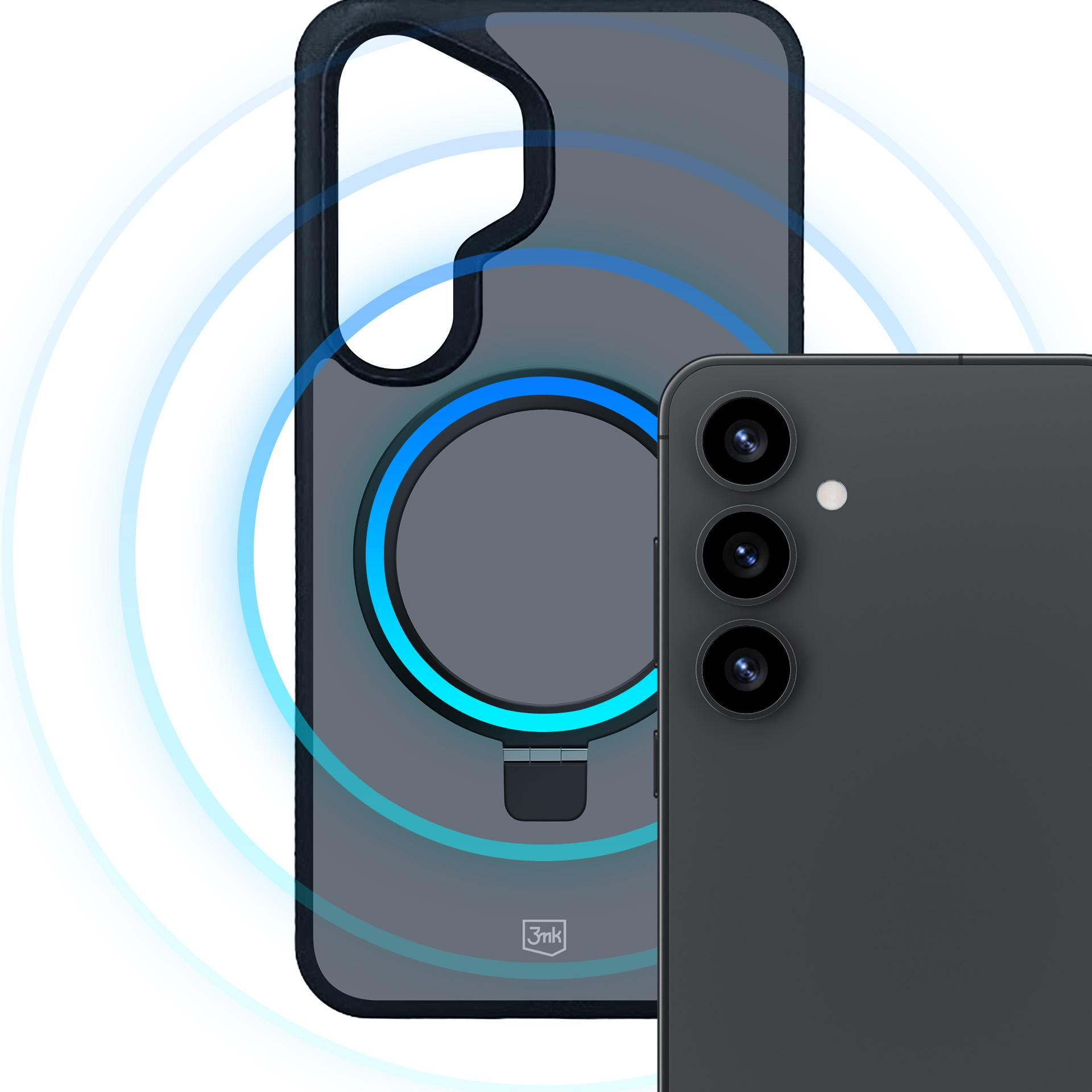 Czarny telefon z etui. Etui jest przezroczyste z niebieskim światłem wokół białego okręgu.