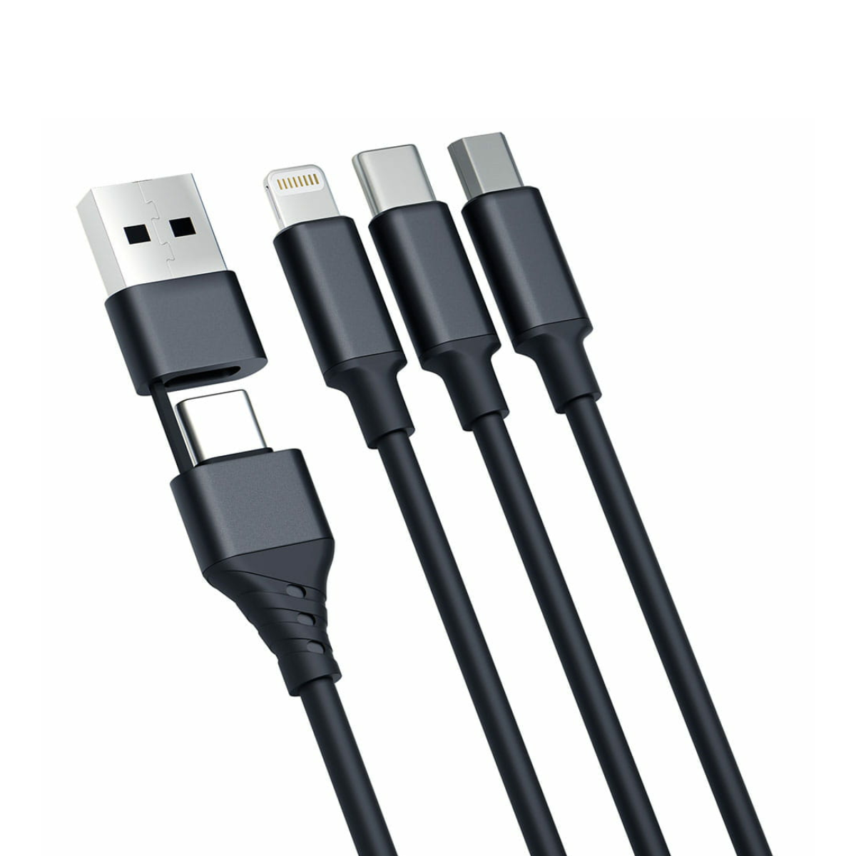 Cztery kable ładujące z różnymi końcówkami. Jeden to USB, jeden Lightning, a dwa USB-C.