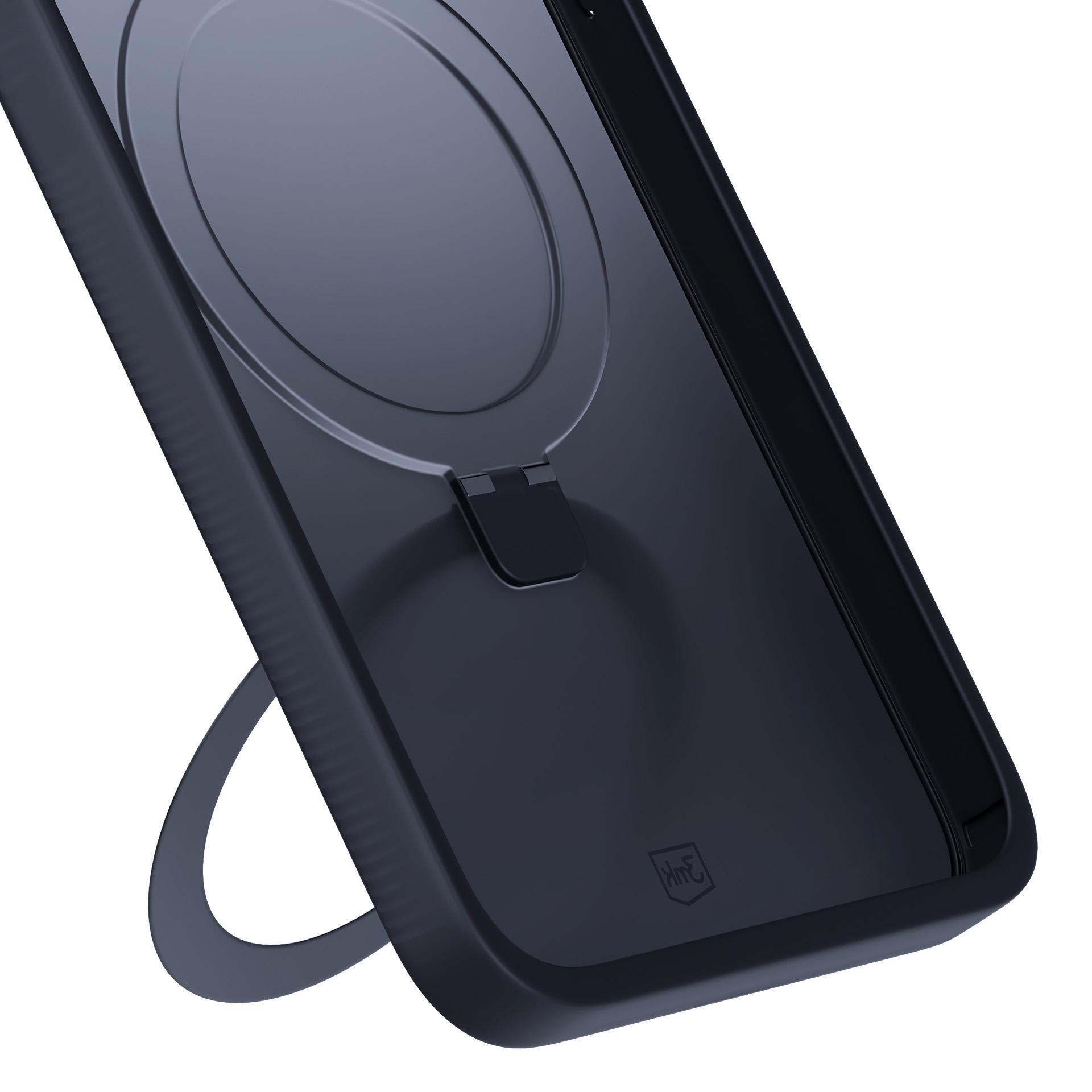 Czarne etui na telefon ze stojakiem na pierścieniu. Stojak jest w pozycji otwartej.